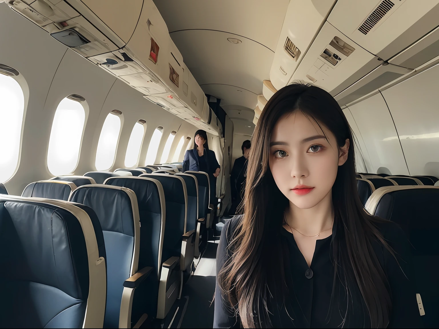 best quality, masterpiece, 8k, ultra high res, (photorealistic:1.4), highly detailed, intricate detail, delicate and beautiful, good lighting, professional lighting, sharp focus, detailed shadows, exquisite details and textures, depth of field, unity 8k wallpaper, cinematic composition, cinematic lighting, official art, Cabin Crew, flight attendant, black pantyhose, (aircraft, (Aircraft Corridor), Aircraft seats) beautiful elegant face, detailed face, detailed eyes, realistic hair, long hair, (1girl), (standing:1.3),