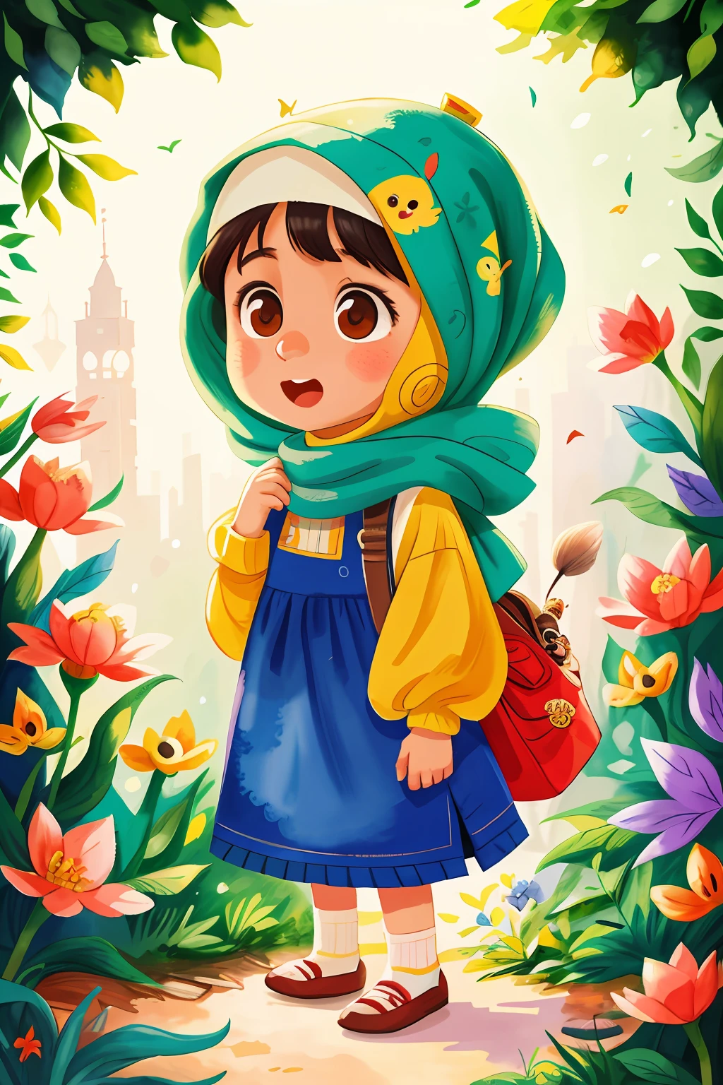A little hijab girl in the city zoo, animals, Watercolor, full body view, perfect quality, illustration, watercolor, (masterpiece: 1.2) (Bokeh background) (Best quality) (Detailed Skin: 1.3) (Intricate Details) (8K) (Detail Eyes) (Sharp Focus), (Happy), best lighting
