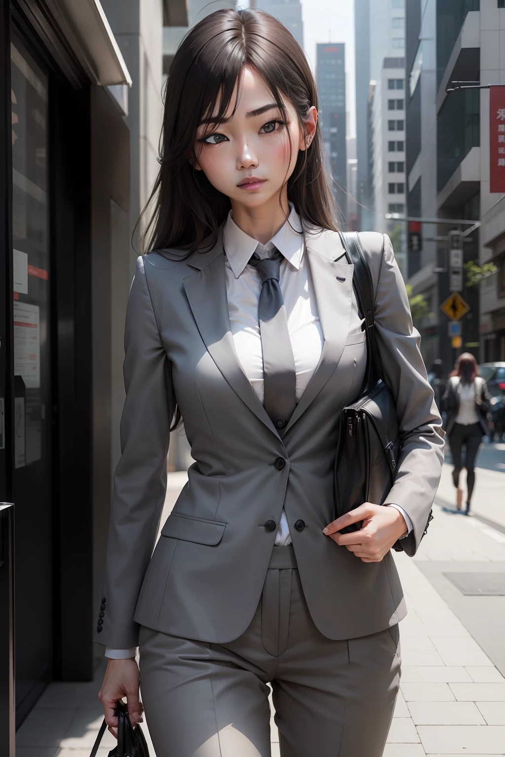 Woman in grey suit、frontage