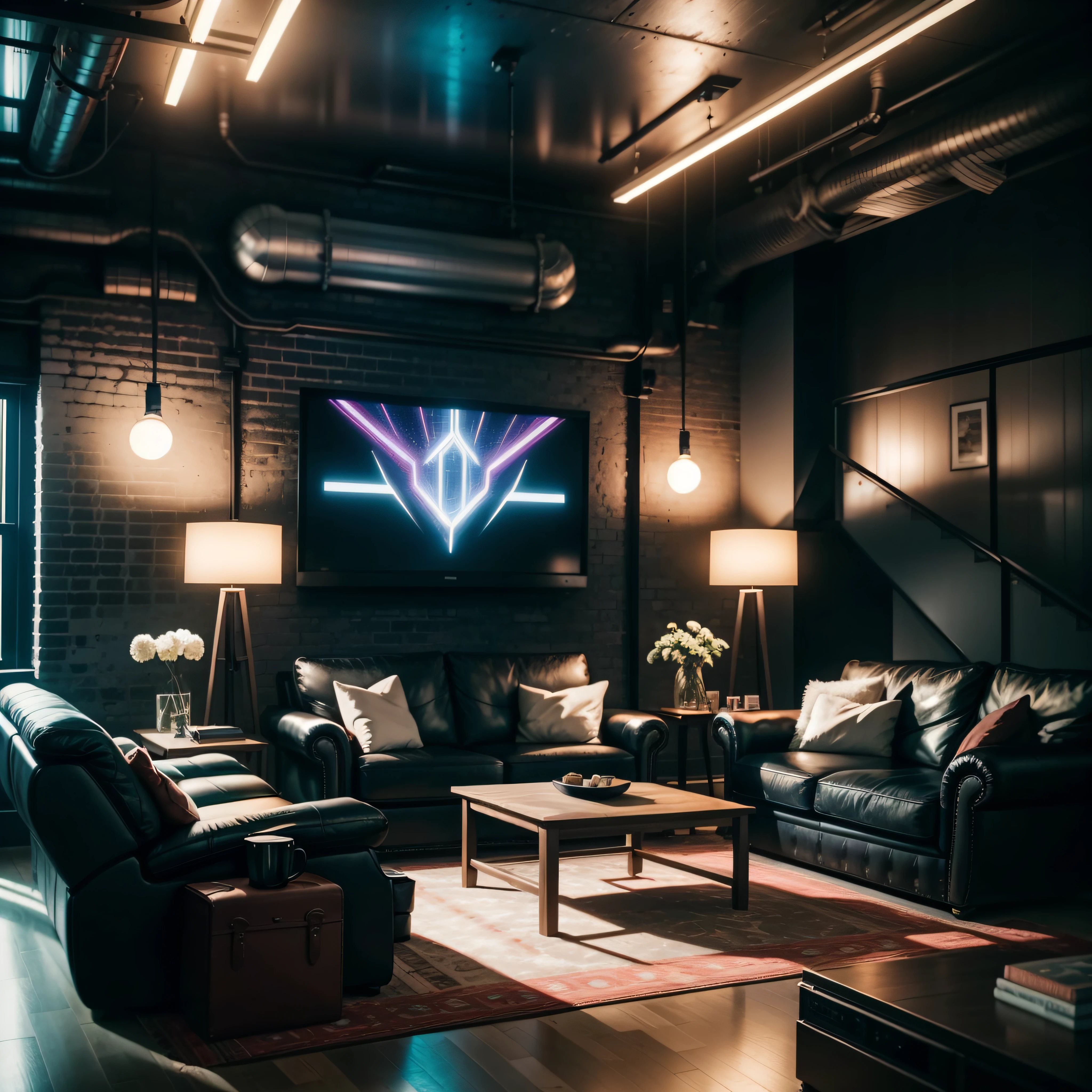 Interior Design Photography of a modern living room with a touch of cyberart, captured in a loft-style apartment. The room features an open concept design, with exposed brick walls and industrial elements. The cyberart installations are integrated seamlessly into the space, with large digital screens displaying dynamic and ever-changing digital art pieces. The furniture is a mix of modern and vintage pieces, with a comfortable leather sofa and retro-inspired chairs. The room is illuminated by a combination of natural light and strategically placed spotlights, creating a dramatic atmosphere. The space is completed with metallic accents, abstract sculptures, and neon lighting, adding a futuristic and edgy vibe. --s 1000