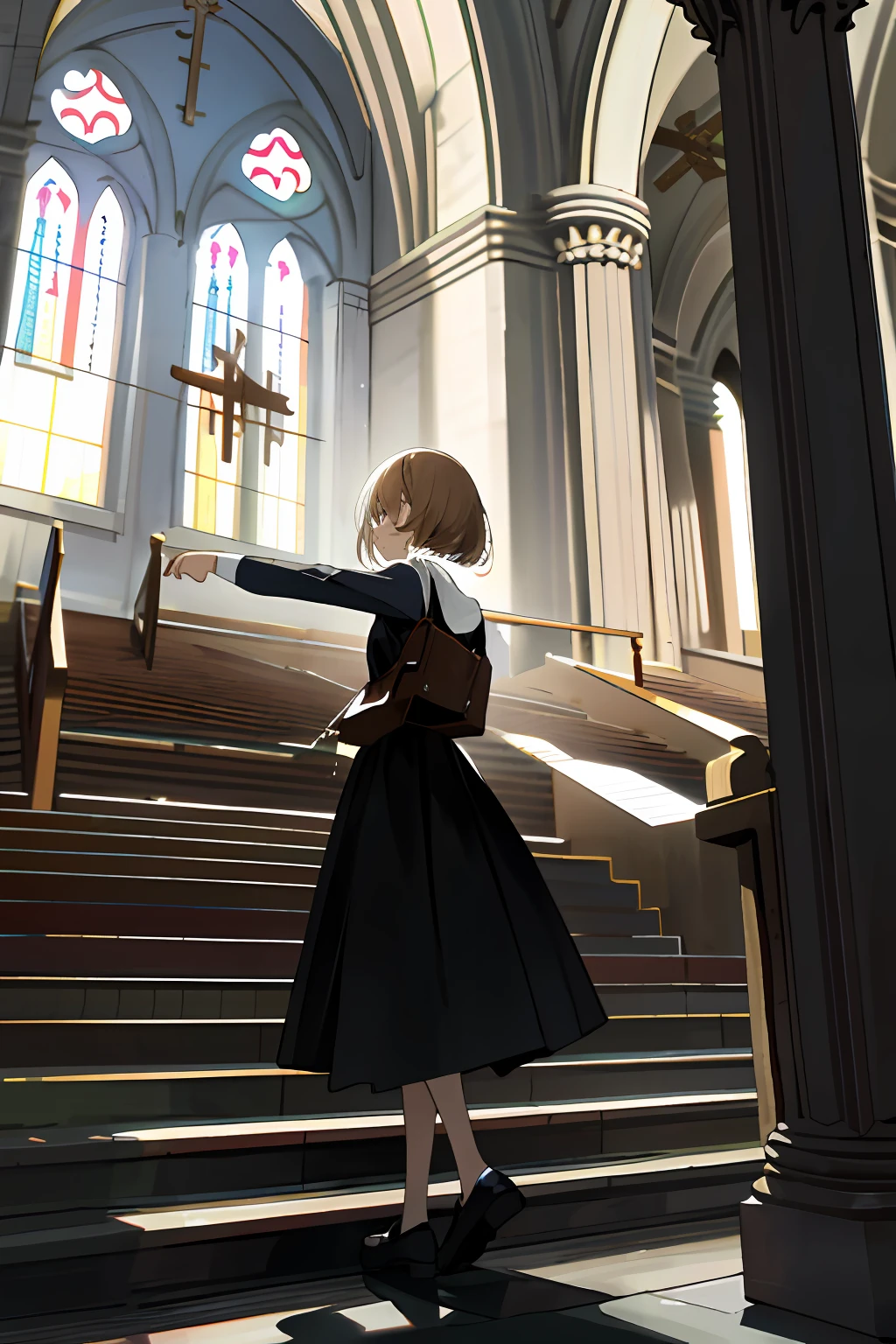 The girl on the steps of the European-style church turned around