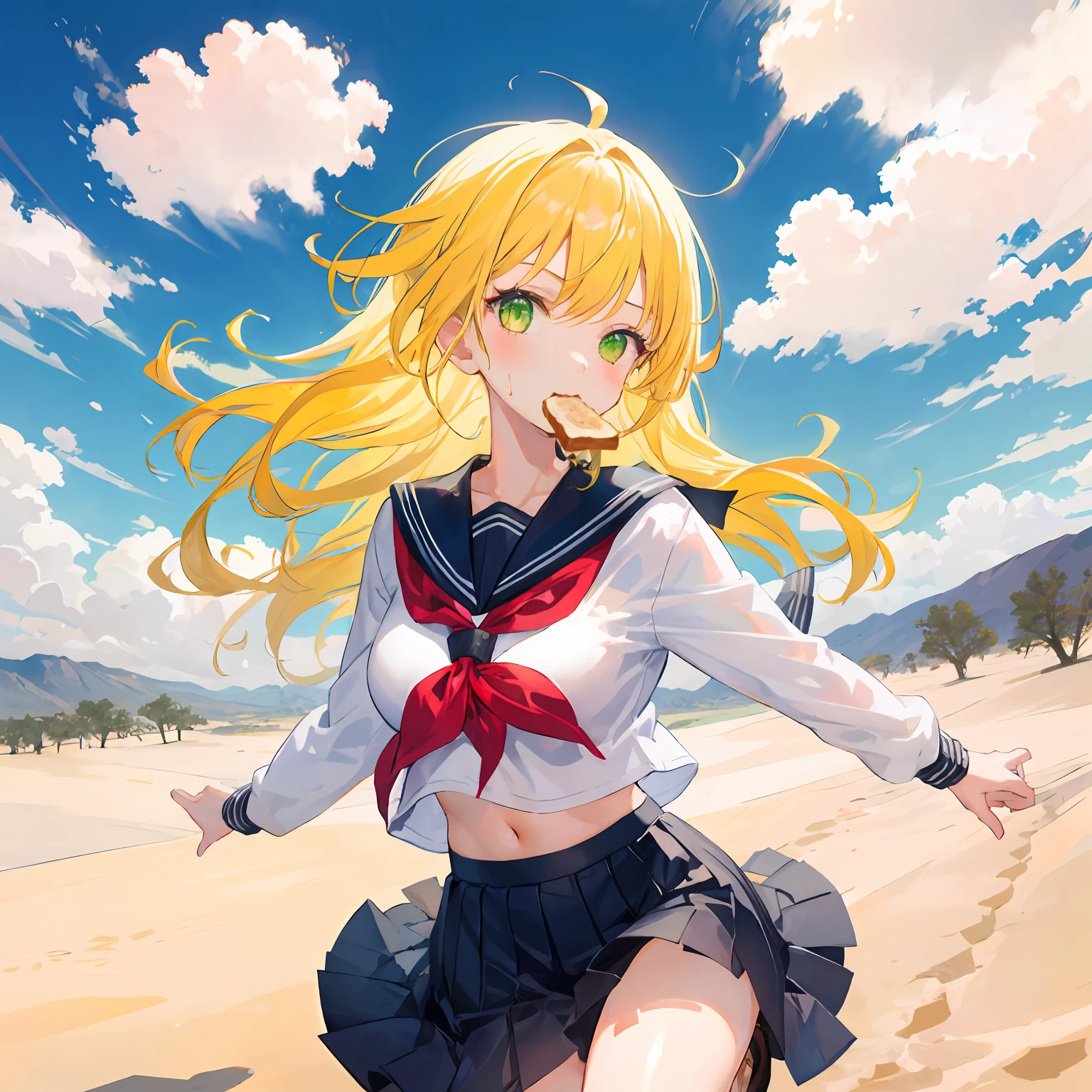 1girl,run,Yellow hair,long hair,messy hair,green eyes,serafuku,toast in mouth,desert,cloud