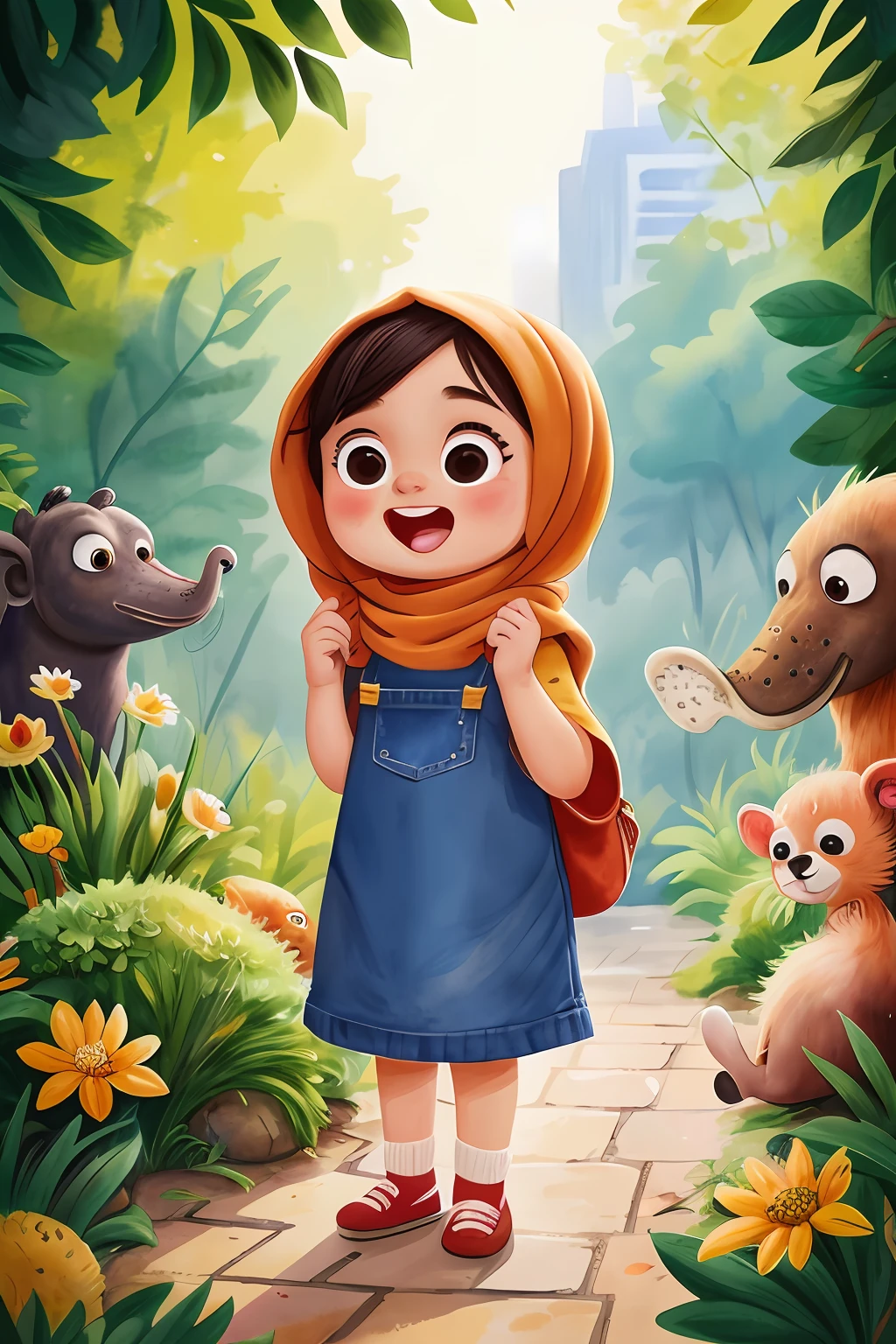 A little hijab girl  in the city zoo, animals, Watercolor, full body view, perfect quality, (masterpiece: 1.2)  (Bokeh background) (Best quality) (Detailed Skin: 1.3) (Intricate Details) (8K) (Detail Eyes) (Sharp Focus), (Happy), best lighting