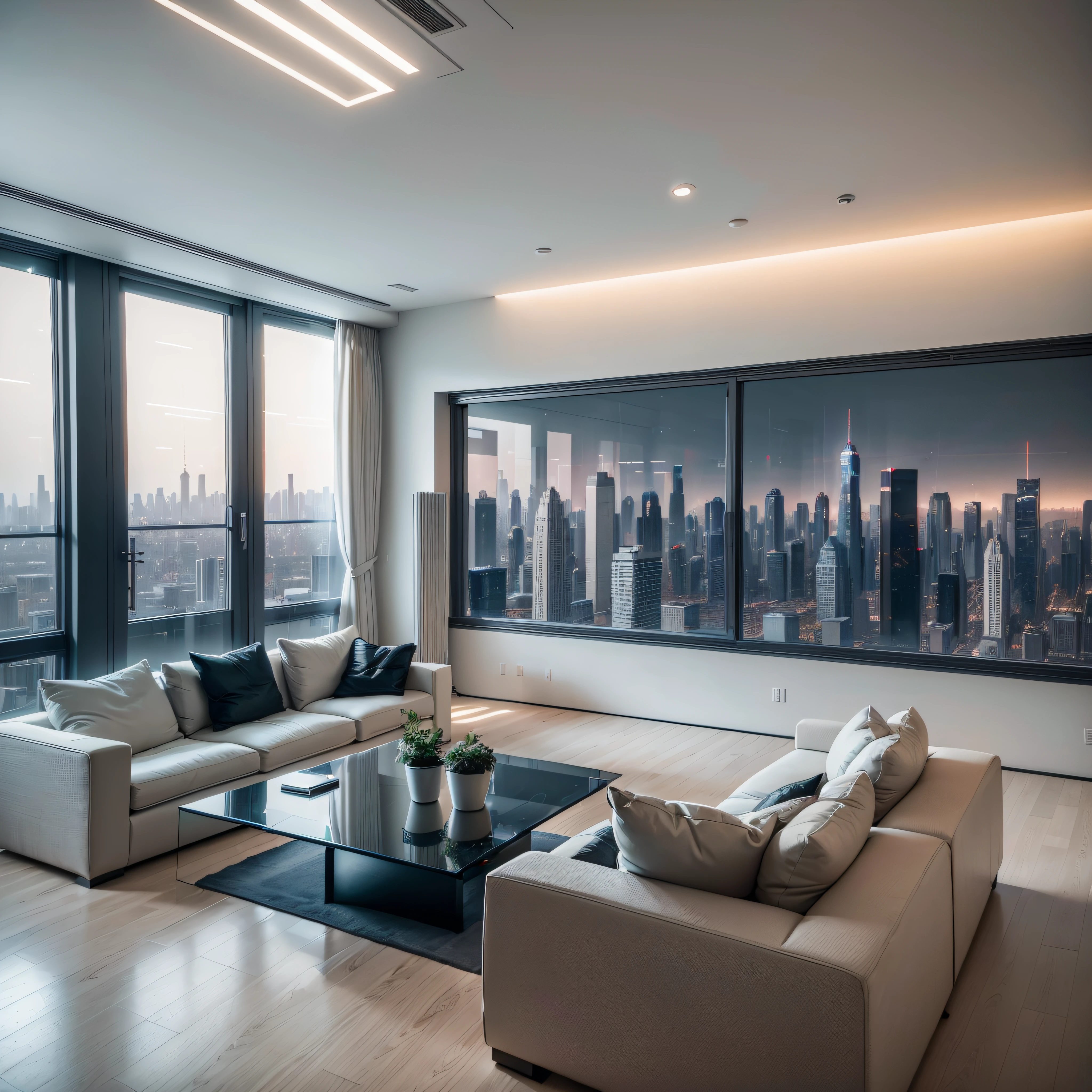Photography of a modern living room with a touch of cyberart, captured in a high-rise apartment with floor-to-ceiling windows. The room is filled with natural light, illuminating the clean and contemporary design. The walls are painted in a crisp white, while the flooring is adorned with light-colored wooden planks. The cyberart installations take center stage, with interactive holographic displays showcasing futuristic cityscapes and abstract digital creations. The furniture is a mix of comfortable gray sofas and sleek white chairs, creating a balance between comfort and modernity. The room is completed with minimalist lighting fixtures and metallic accents, adding a futuristic touch to the overall aesthetic.