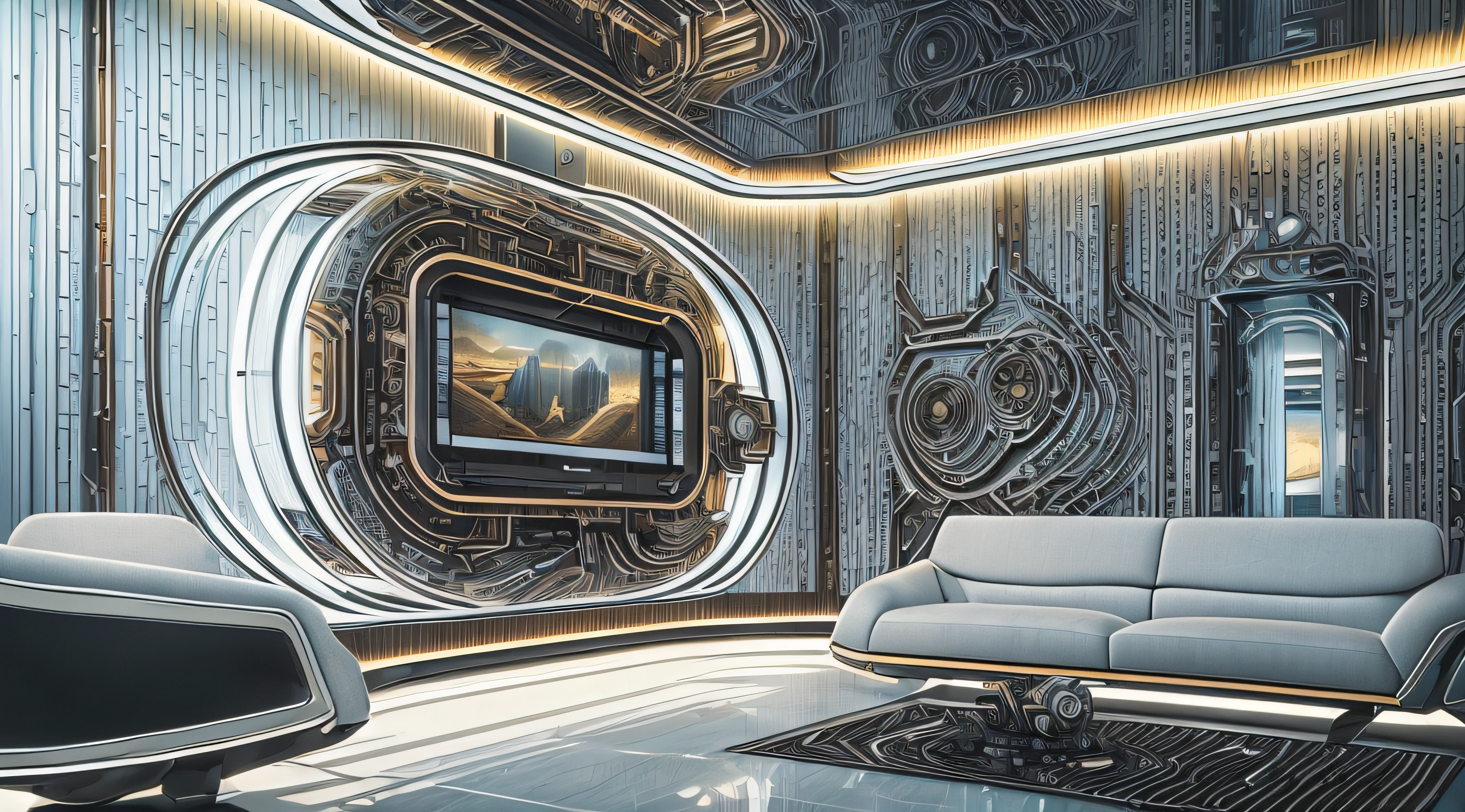 offcial art，Masterpiece, Best quality, Ultra-high resolution, Extremely detailed, Award-winning paintings，Futuristic interior design for ultra high resolution photography, This is the living room of the future 100 years from now，This is the living room in the capsule，Tech dreamy sunken living room，Mechanical sofa combination，Steel floor，High-tech lighting and interiors，Not too many rows are needed，The lights are bright, Bauhaus furniture and décor, Mechanical punk style，Extremely detailed，high ceiling, metalictexture，Silver gray, White luster，Glossy black，Color Palette，Mechanical lights，The mech standing by the wall is an ornament， Interior Design Magazine, Cozy atmosphere，真实感，realisticlying，Realistic photographic blockbusters