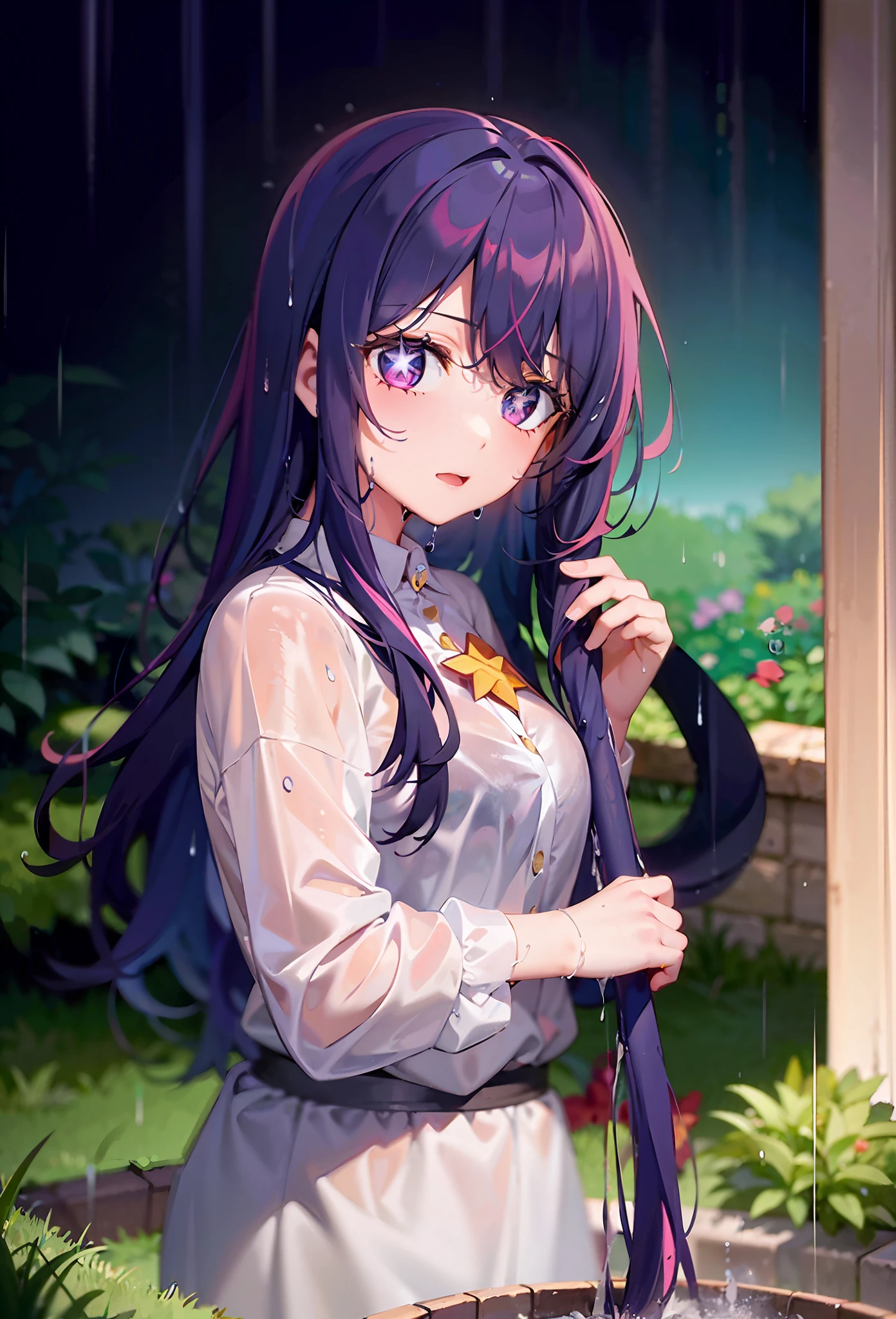 one-girl（（There is a five-pointed star in the eye））A girl with long purple hair，very heavy rain，In the rain，large lawn，Drenched