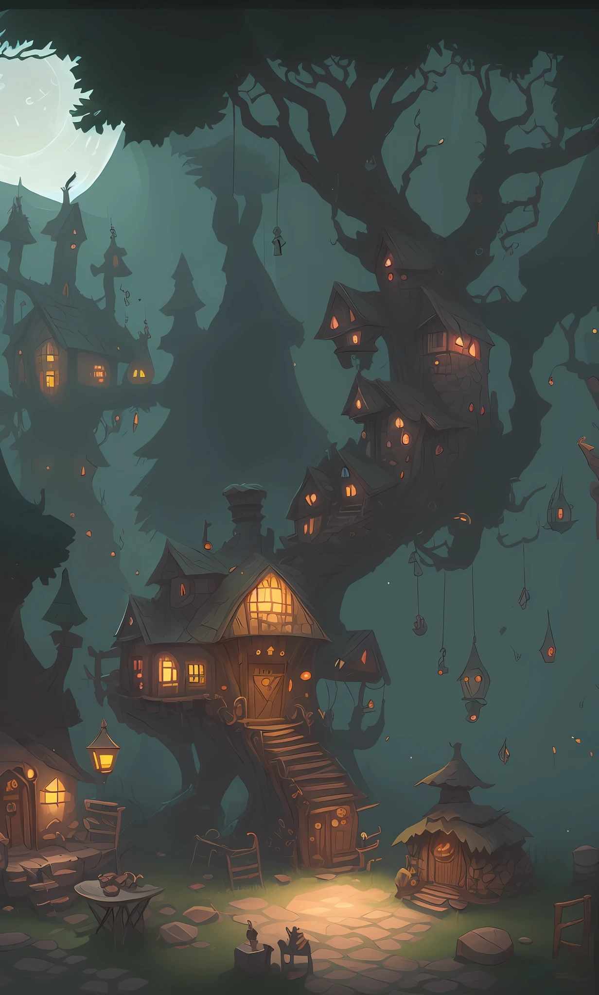 Cartoon illustration of fantasy village，Dark style, Game concept art,The tree，Teleportation array, D&D illustration style