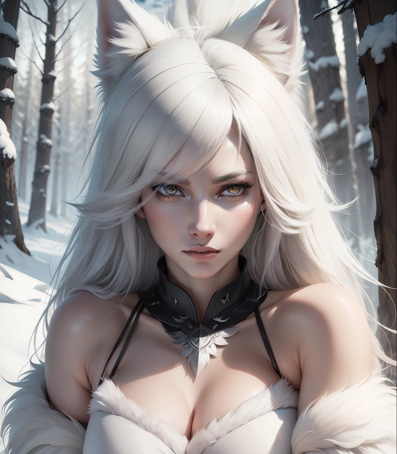 anthro (white wolf), female, adult, , shorts, looking at viewer, (realistic fur, fur, realistic fur texture:1), detailed background, wilderness background, photorealistic, hyper realistic, ultra detailed,