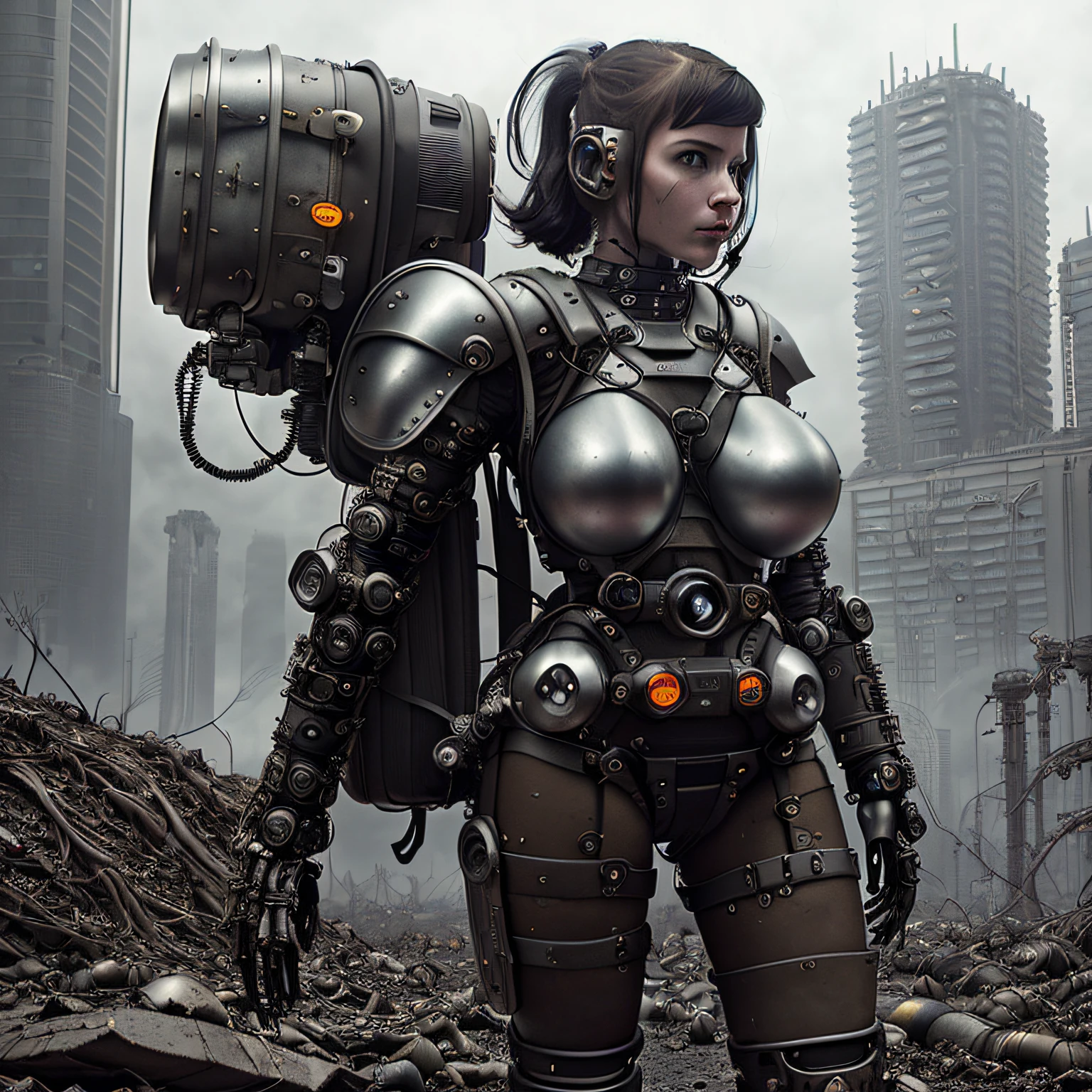 (elden ring style), analog style, swpunk, ((postapocalypse)), ((cyborgdiffusion)), a naked curvy girl in a (((huge complex futuristic battle armor with life-support backpack ))), [MELISSA BENOIST], [Emma Watson], cinematic lighting, toned abs, perfect large breasts, thick ass