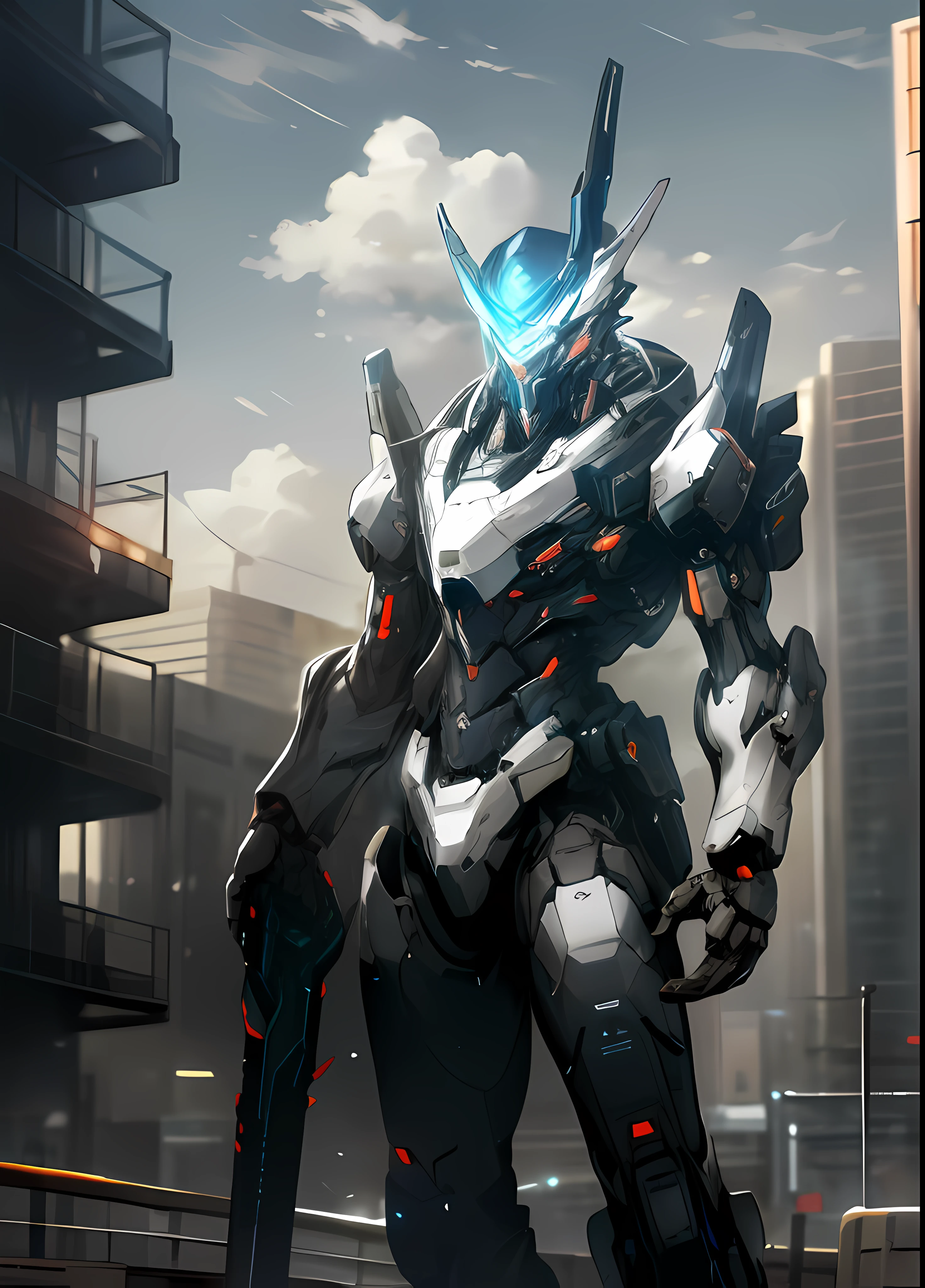 sky, cloud, holding_weapon, no_humans, glowing, , robot, building, glowing_eyes, mecha, science_fiction, city, realistic,mecha, Warframe