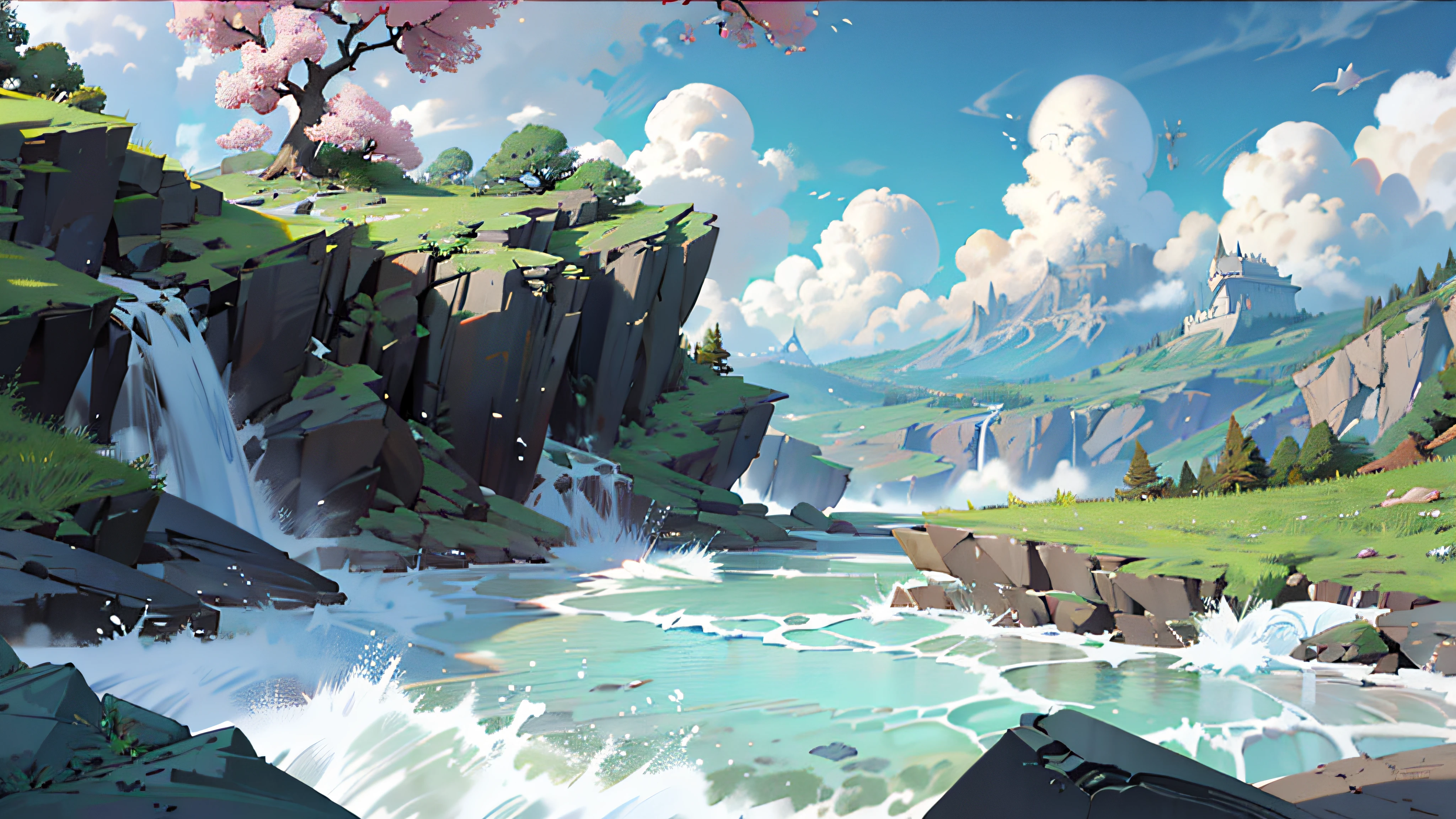 {{highres,}, }, masterpiece, ultra-detailed, cloud, sky, scenery, day, blue_sky, mountain, cloudy_sky, outdoors, waterfall, fantasy, horizon, cliff, rock, water, landscape, mountainous_horizon, Ocean, Trees, Rivers, Floating island, Ancient Mysterious Continent, best quality, 8k
