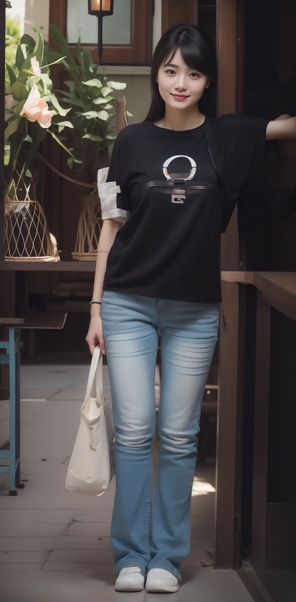 Zhu Ai_Villas，RAW photos，Brand photos，（highdetailskin：1.2），8k ultra high definition，digital SLR camera，gentlesoftlighting，high high quality，filmgrain，富士XT3，20 years old Asian woman，Wear simple clothes，T-shirt and skinny jeans，Detailed clothing details:1.3，perfect body figure，Super detailed facial details and skin，Fair and tender face and skin，二重まぶた，Super detailed eyes，fully body photo