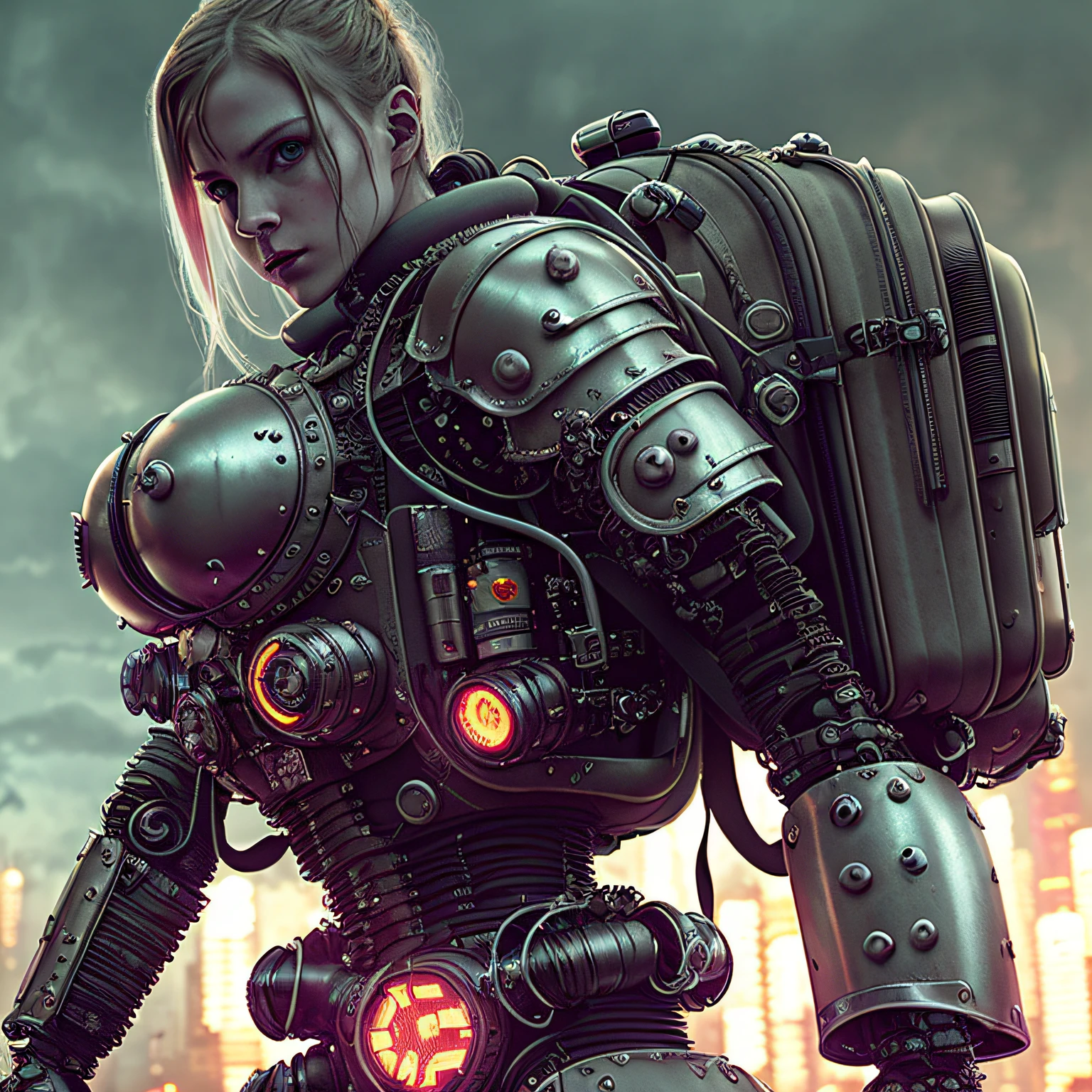 (elden ring style), analog style, swpunk, ((postapocalypse)), ((cyborgdiffusion)), a naked curvy girl in a (((huge complex futuristic battle armor with life-support backpack ))), [MELISSA BENOIST], [Emma Watson], cinematic lighting, toned abs, perfect large breasts, thick ass