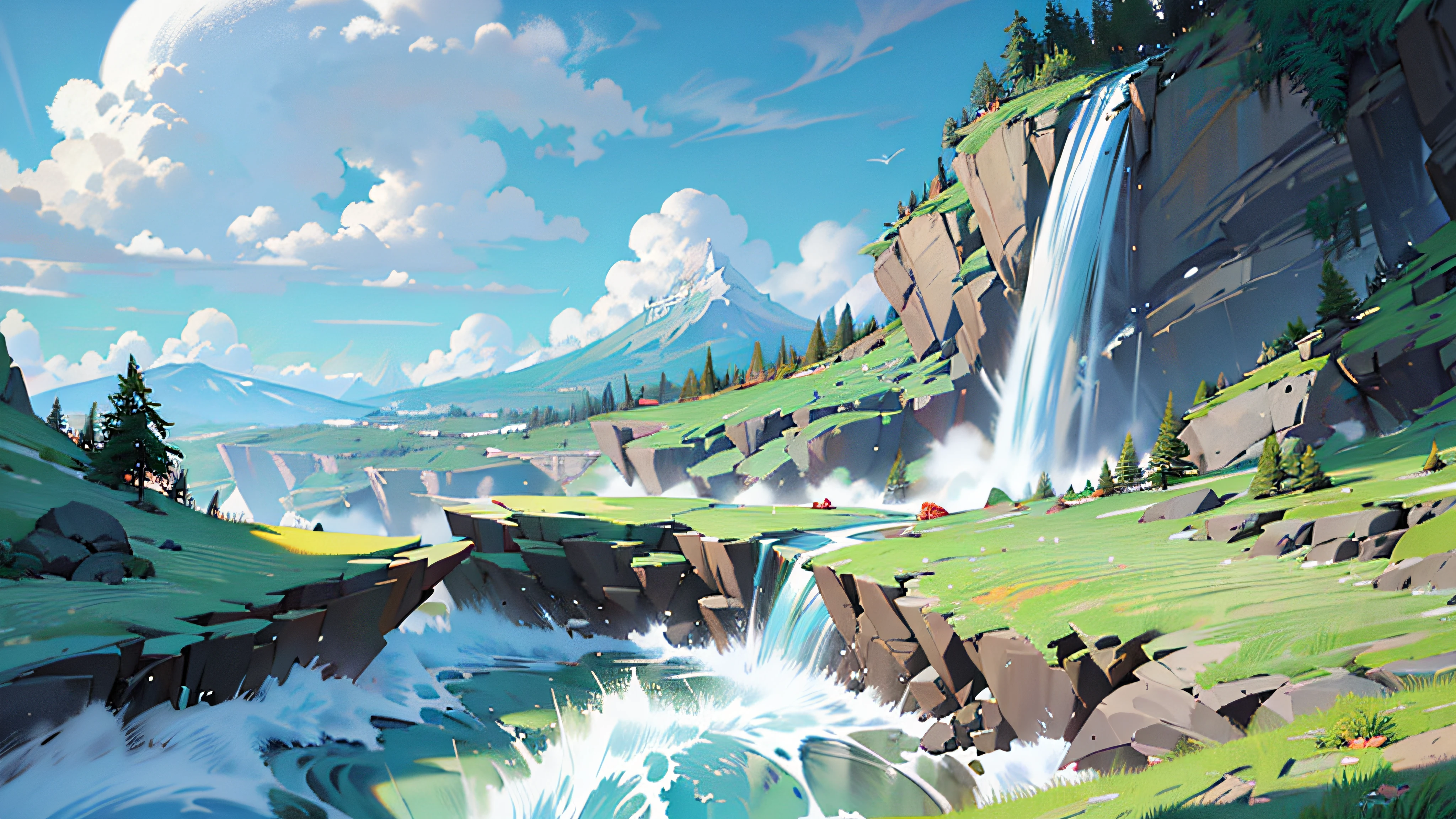 {{highres,}, }, masterpiece, ultra-detailed, cloud, sky, scenery, day, blue_sky, mountain, cloudy_sky, outdoors, waterfall, fantasy, horizon, cliff, rock, water, landscape, mountainous_horizon, Ocean, Trees, Rivers, Floating island, Ancient Mysterious Continent, best quality, 8k