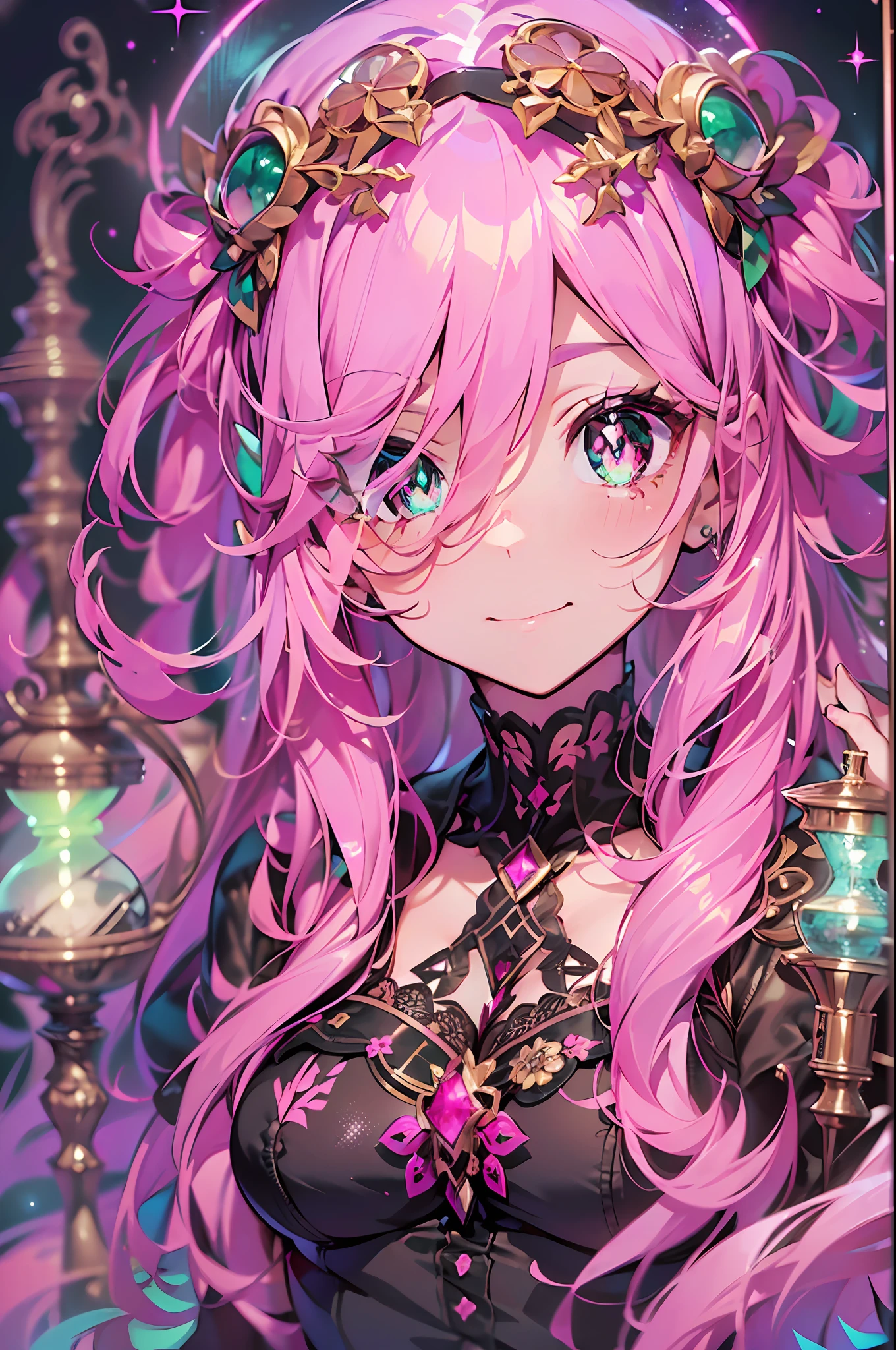 Steampunk style:2.((masutepiece))),((ultra-detailliert,Best Quality, hight resolution, Beautiful clothes,)),fullllbody,Fulll body Shot (1 girl)((Pink hair, Long hair,Straight hair,two side up)) (Green eyes),eyeshadows, eye line,gloweyes, ultradetailed eyes, intricate eyes, Beautiful eyes, ((Glowing pink pupils))18-year-old girl、frilld.Smile .Hourglass background、Big hourglass.((High contrast RGB effect, LED effect, Kaleidoscope effect, Shining Effect, Ripple Effect, Glitter RGB effect)) (Black background: 1.5)