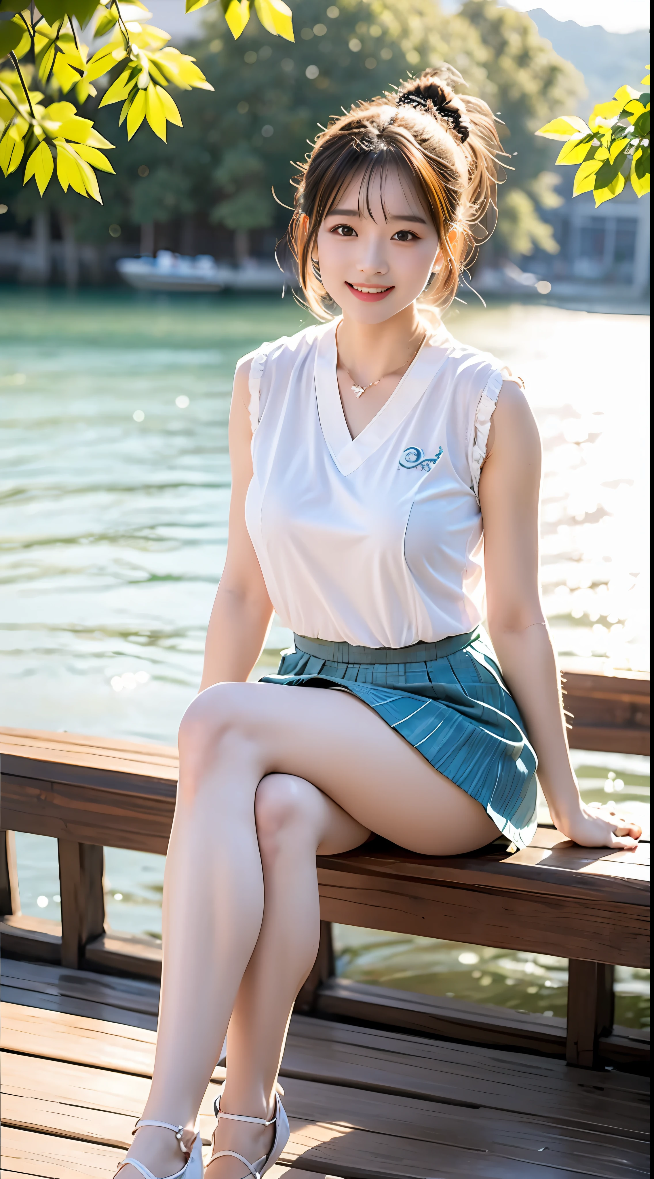 (tmasterpiece),(best qualtiy:1.0),(超高分辨率:1.0),Elaborate Eyes,1girll,(Bigboobs),Clear white vest,(stocklings),short detailed hair,Dragon boat festival,(short skirt),(Dragon boating,rowing),realisticlying,(rios,jetty,beautful view (Interact with the camera)(Sexy feet)