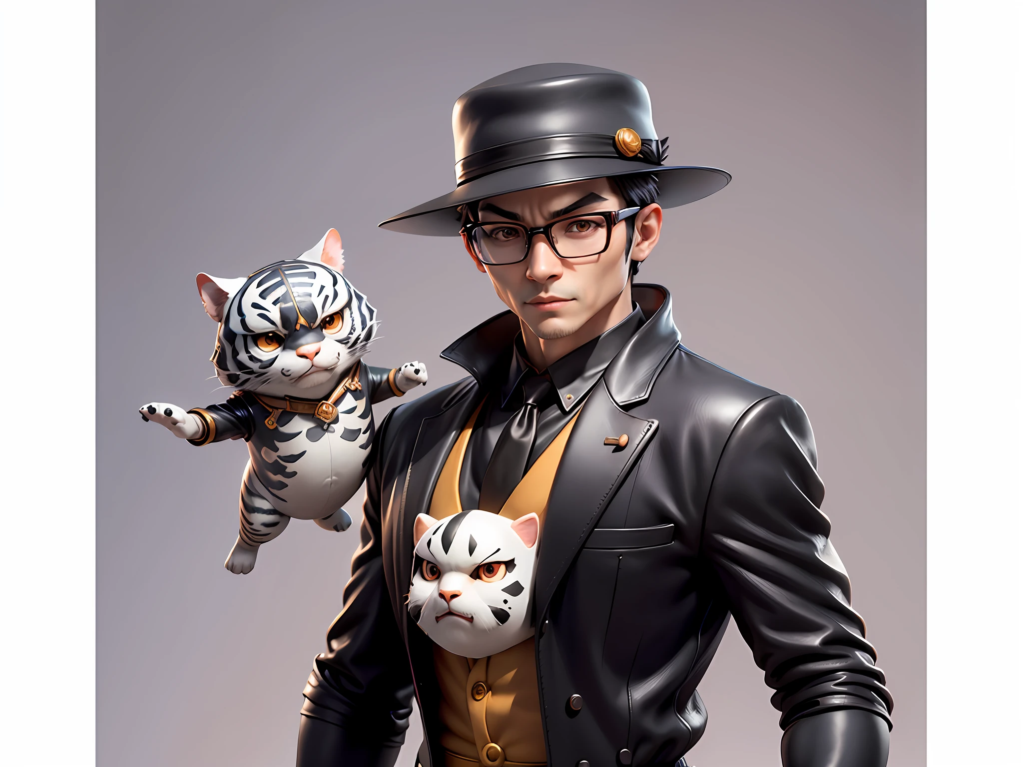 Young man with oriental face in leather hat, tiger, oriental face in formal suit, short black hair, silver glasses, digital painting, 3D character design by Mark Clairedon and Pixar and Hayao Miyazaki and Akira Toriyama, the illustration is a high-definition illustration in 4K resolution with very detailed facial features and cartoon-style visuals.