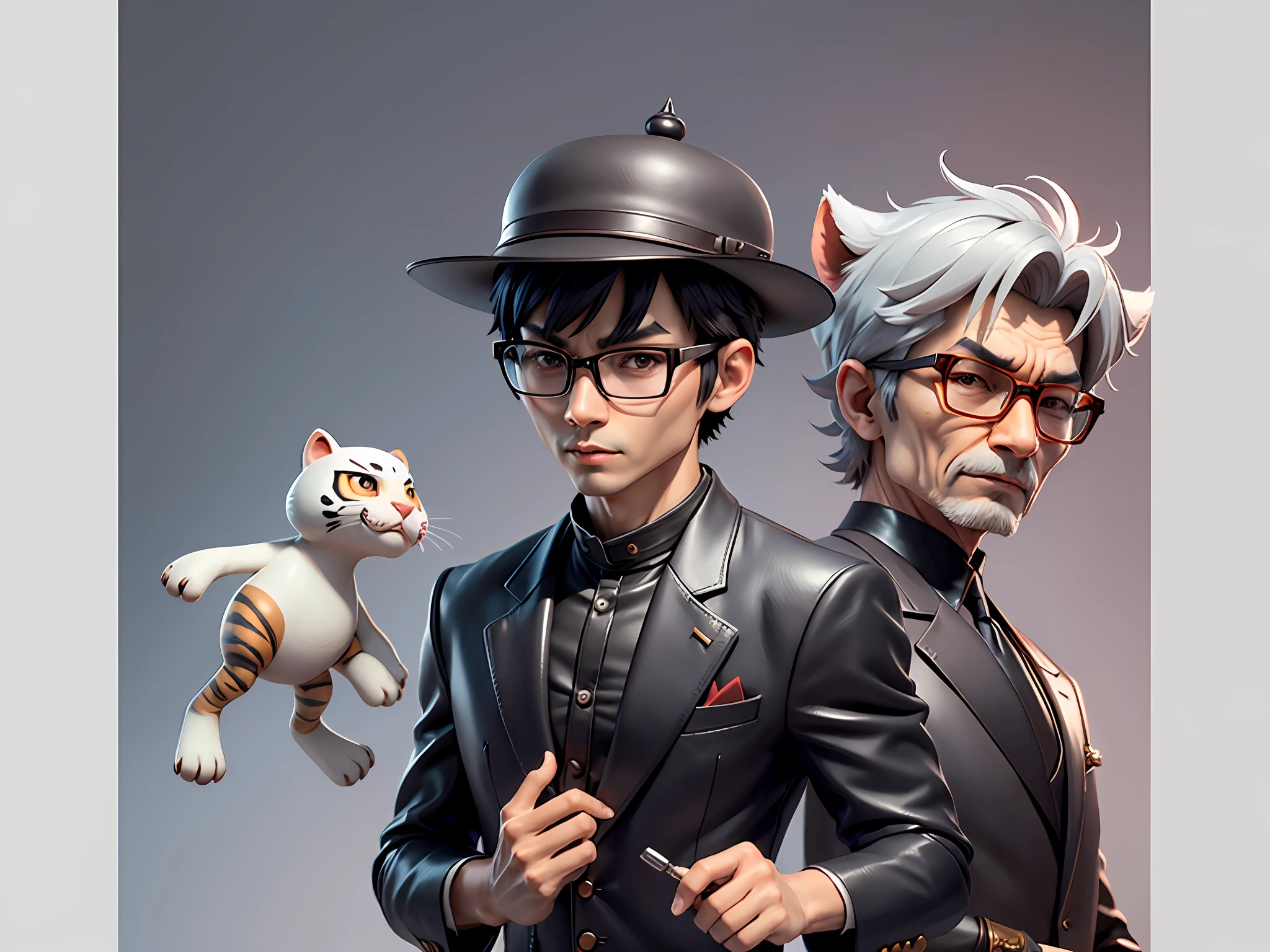 Young man with oriental face in leather hat, tiger, oriental face in formal suit, short black hair, silver glasses, digital painting, 3D character design by Mark Clairedon and Pixar and Hayao Miyazaki and Akira Toriyama, the illustration is a high-definition illustration in 4K resolution with very detailed facial features and cartoon-style visuals.