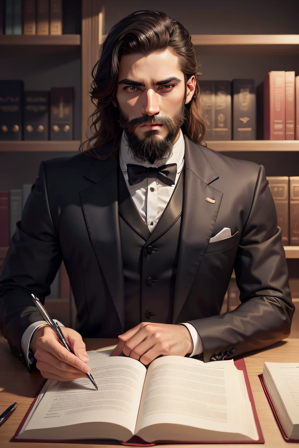 Make a philosopher in formal clothes, de longa barba vetorizados dentro de uma biblioteca lendo um livro
