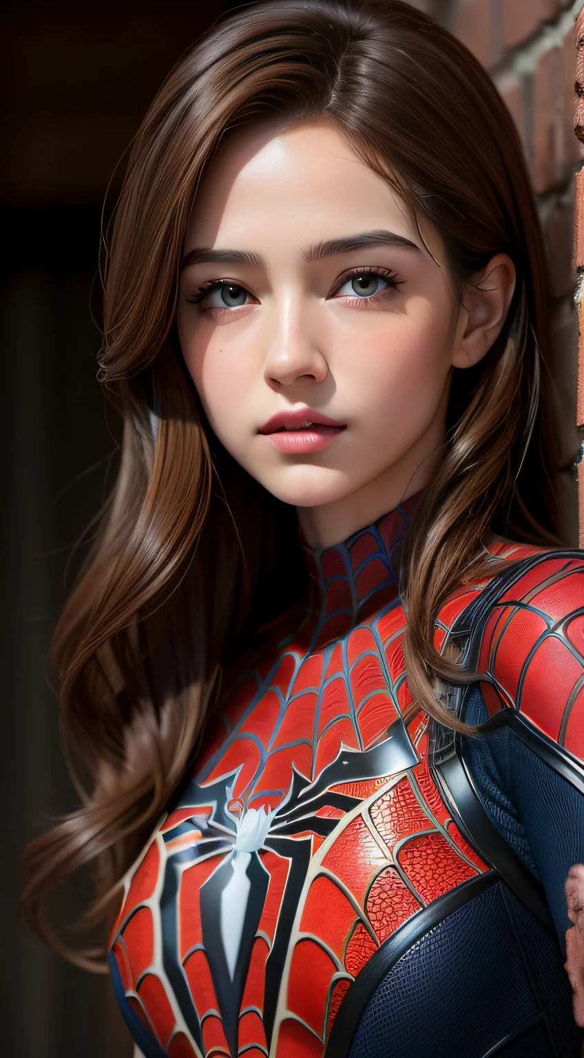 best quality, masterpiece, (realistic:1.2), 1 girl, brown hair, brown eyes,Front, detailed face, beautiful eyes, spider-man suit, Baryon mode,