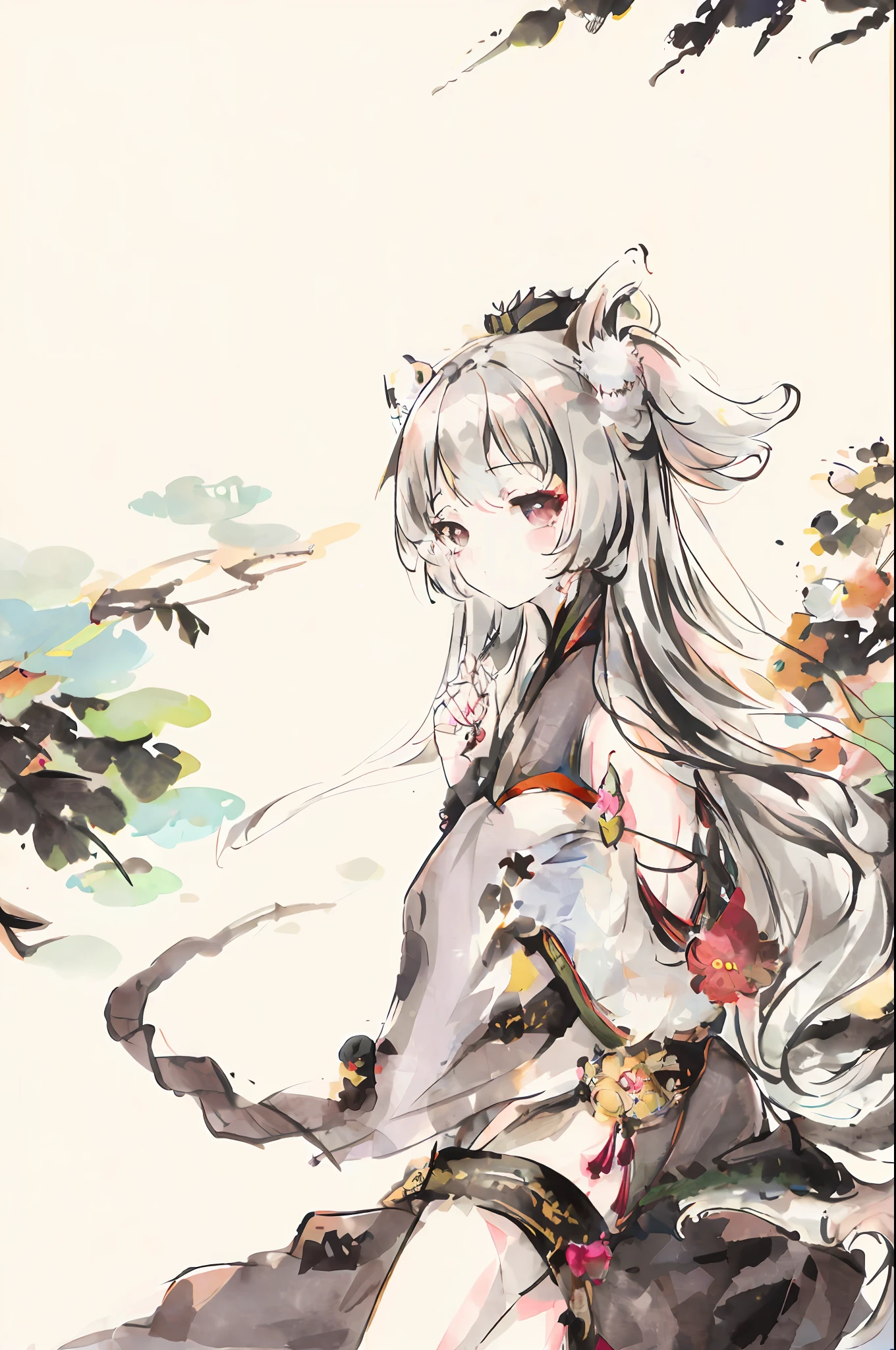 ((4K, masterpiece, best quality)), ink painting, traditional Chinese ink painting, lotus, han dress, maxi kit, modest outfit single girl, solo, gray hair, long hair, fox ears, Caucasian, Bikini, Fish, lots of fish nearby, Look at the beholder, Tease