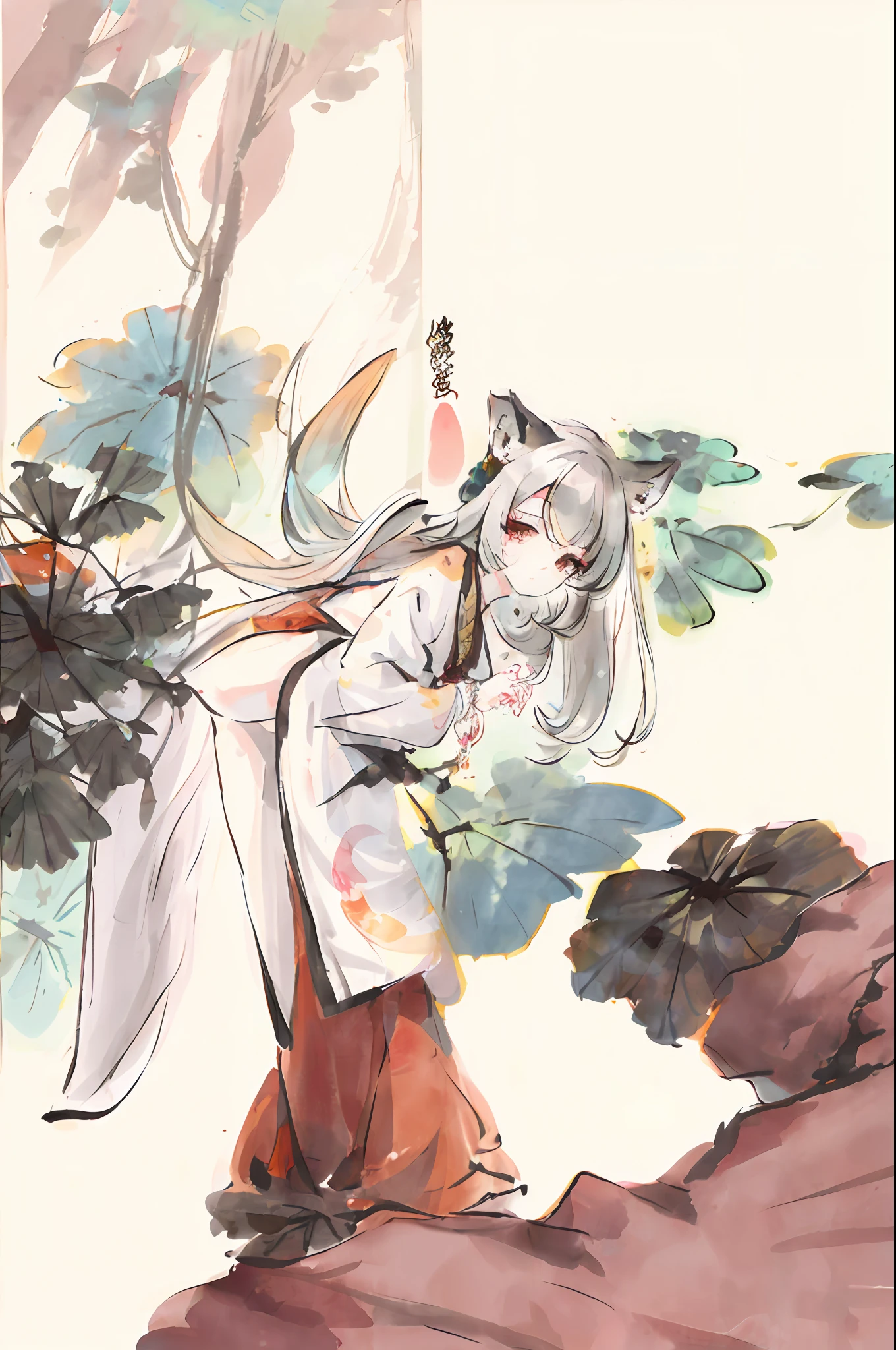 ((4K, masterpiece, best quality)), ink painting, traditional Chinese ink painting, lotus, han dress, maxi kit, modest outfit single girl, solo, gray hair, long hair, fox ears, Caucasian, Bikini, Fish, lots of fish nearby, Look at the beholder, Tease