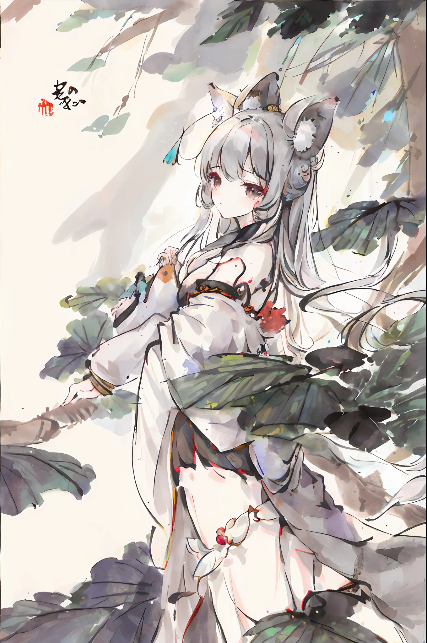 ((4K, masterpiece, best quality)), ink painting, traditional Chinese ink painting, lotus, han dress, maxi kit, modest outfit single girl, solo, gray hair, long hair, fox ears, Caucasian, Bikini, Fish, lots of fish nearby, Look at the beholder, Tease