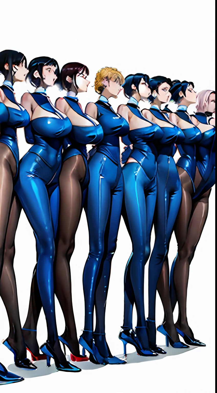full bodyesbian,Nine women,Stand in a row,One-piece tights,Conjoinment,Blue latex set,Standing on the ground,huge tit,Slim,long leges,Stand up straight,nothing background,Slim,extra long leg,Insert the lower body,Exhibited,Mannequin,