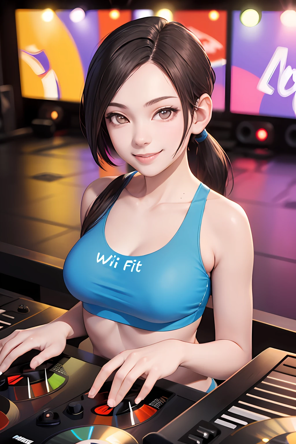 (masterpiece, best quality:1.2), ssbusplashart, english text, solo, 1girl, wii fit trainer, colored skin, white skin, smile, looking at viewer, ponytail, crop top, capri pants a DJ, showcasing her skills on the turntables at a vibrant rave."