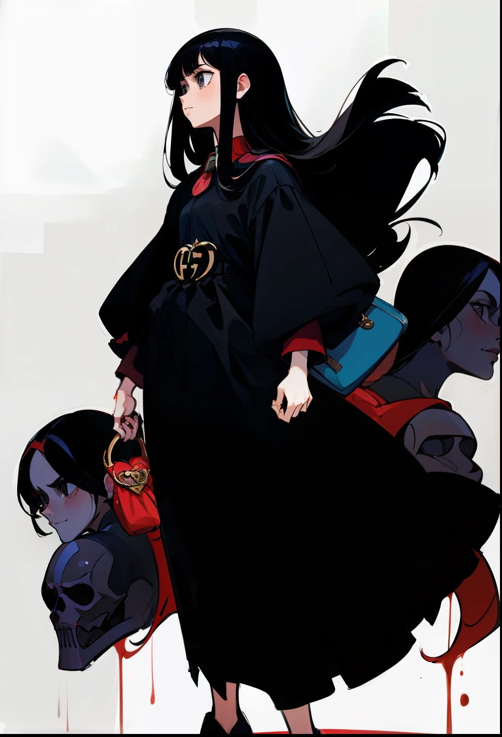 Black hair, 1Girl, Gucci apparel, stand up, Straight hair