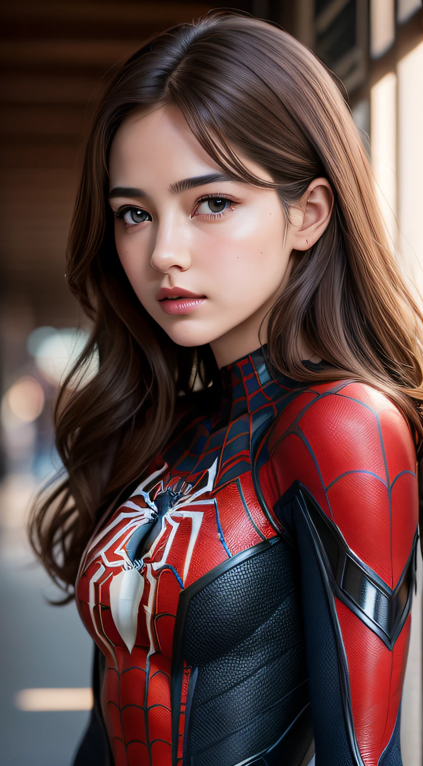 best quality, masterpiece, (realistic:1.2), 1 girl, brown hair, brown eyes,Front, detailed face, beautiful eyes, spider-man suit, Baryon mode,