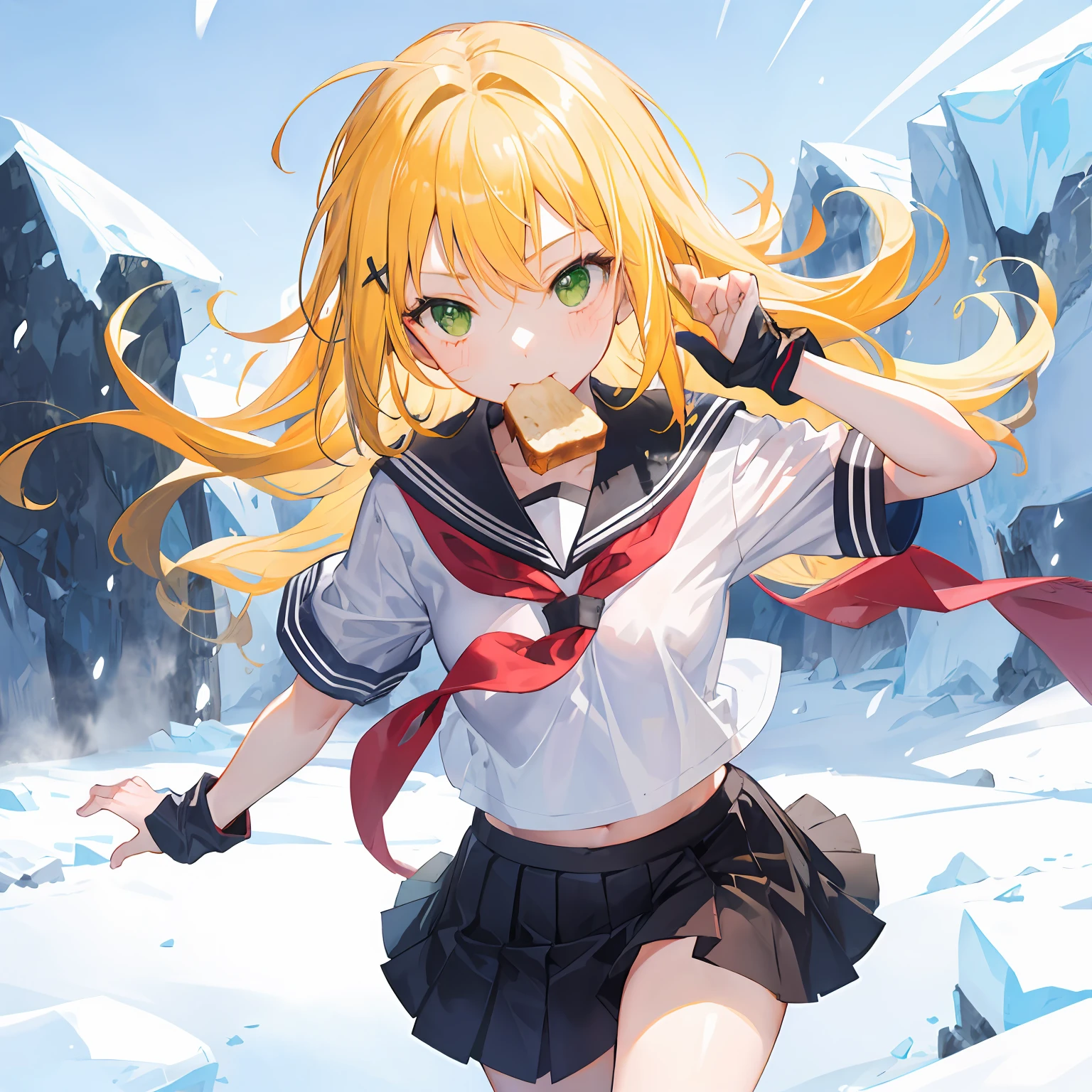 1girl,run,Yellow hair,long hair,messy hair,green eyes,serafuku,toast in mouth,desert,Antarctic,blizzard,ice