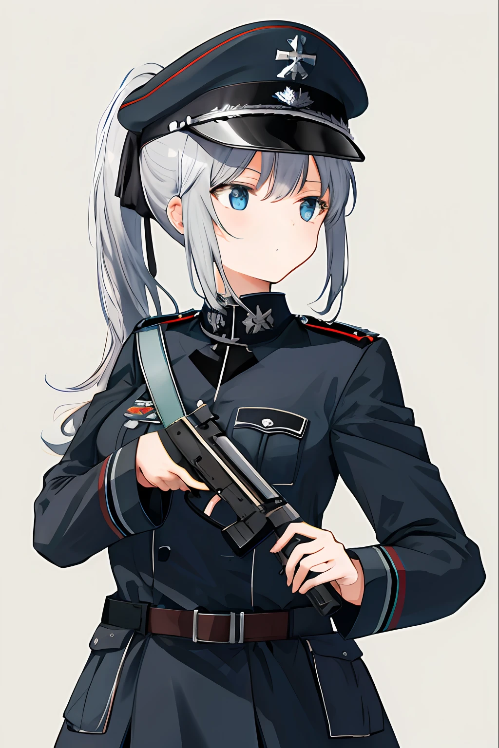 German black military uniform,schoolgirls,silber hair,Iron Cross emblem,sideface,High ponytail,Hold the gun in your left hand