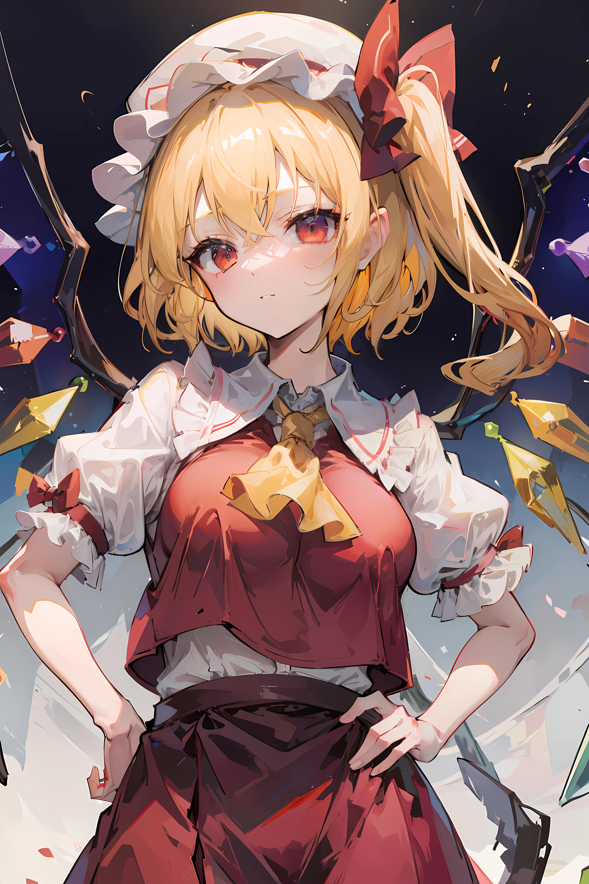 (masterpiece),best quality, expressive eyes, perfect face, 1girl,
big breast, H-cup, good breast, beautiful, gorgeous,anime,girl,lora, floating clothes, tent chest ,
hands on waist, hands on hips, visible  though clothes,flandre scarlet,
1girl,blonde hair,mob cap,hair bow,bowtie,side ponytail,wings,short sleeves,vest,ascot,1wings,1 pair of wings