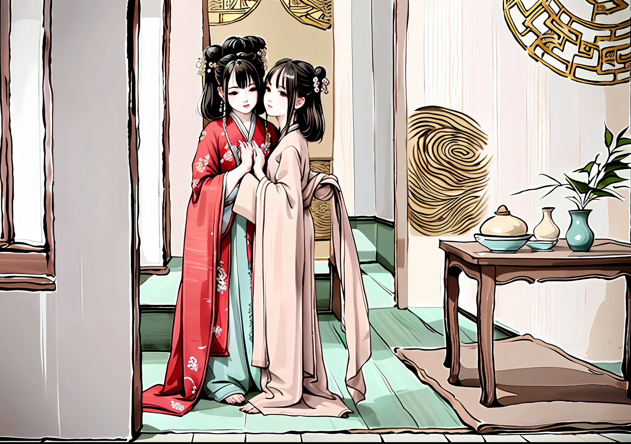 Two women stood in a room with a loom, Wearing ancient Chinese clothes, Palace , A girl in Hanfu, ancient chinese beauti, ancient china art style, with acient chinese clothes, Traditional Chinese painting, Hanfu, inspired by Yun-Fei Ji, Chinese painting style, Traditional Chinese clothing, A beautiful artwork illustration, old chines painting, Chinese style painting