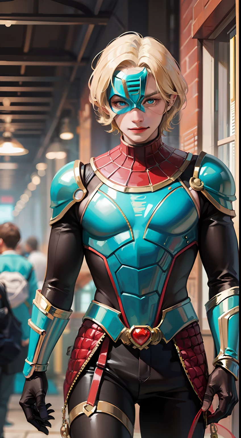 Young guy, short blonde hair, Cyan eyes, Mysterio, smirk, Masterpiece, hiquality
