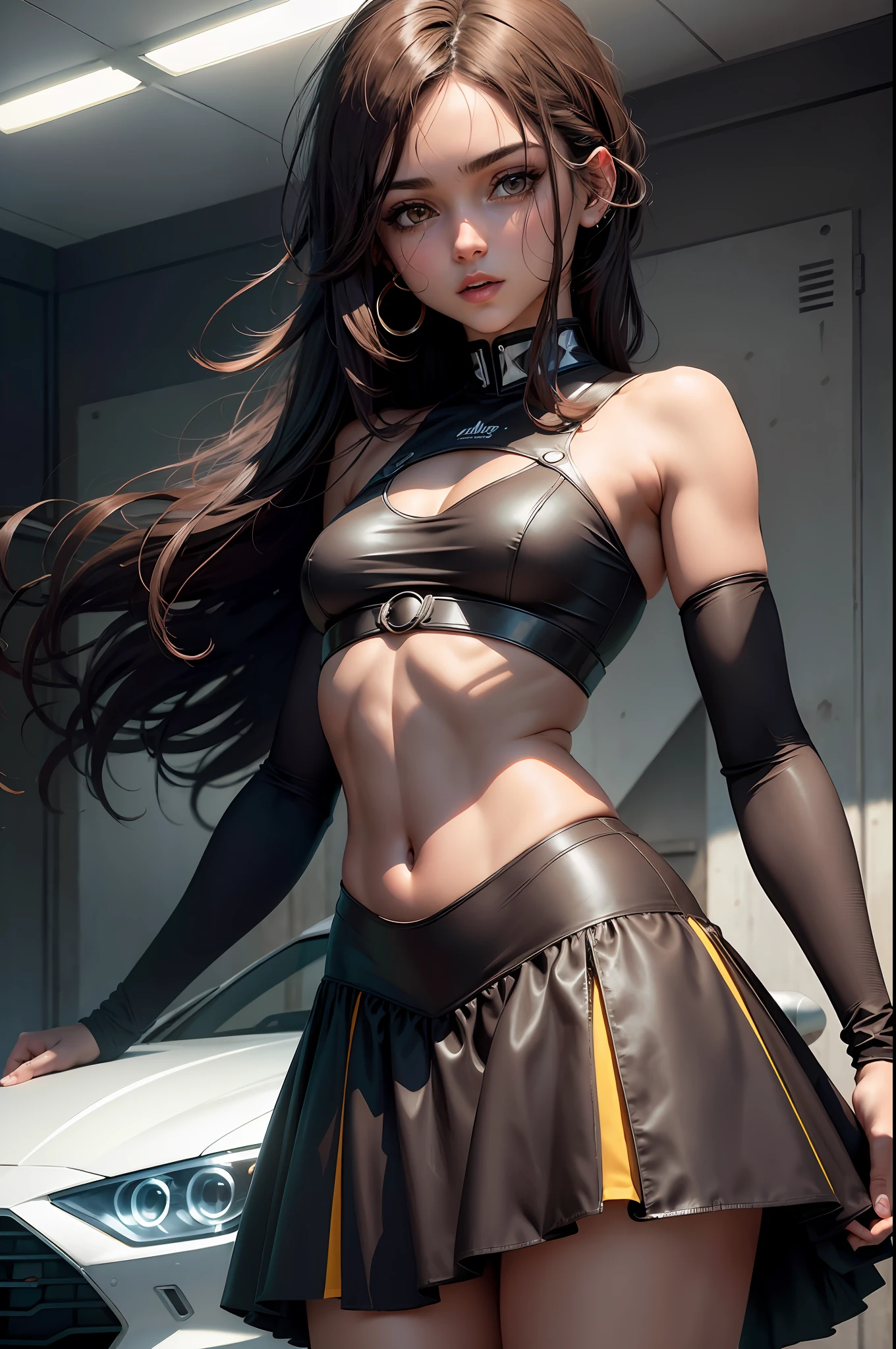 imagem extremamente realista, melhor qualidade, obra-prima, altamente detalhado, ultra-detalhado, a woman with a straight-bodied petticoat, athletic, corpo ampulheta magra, bonita em uma armadura futurista branca, campo de fogo, constructions, ((peito pequeno)), cabelo preto liso longo, movimento do cabelo, retrato, bright hazelnut eyes, um carro de guerra --auto
