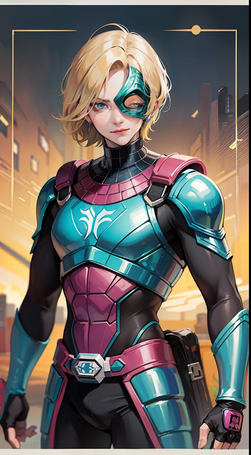 Young guy, short blonde hair, Cyan eyes, Mysterio, smirk, Masterpiece, hiquality