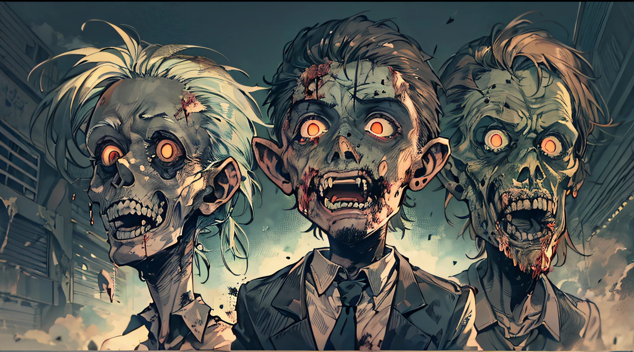 Three zombies,On the road,The background is dilapidated and depressing,8k