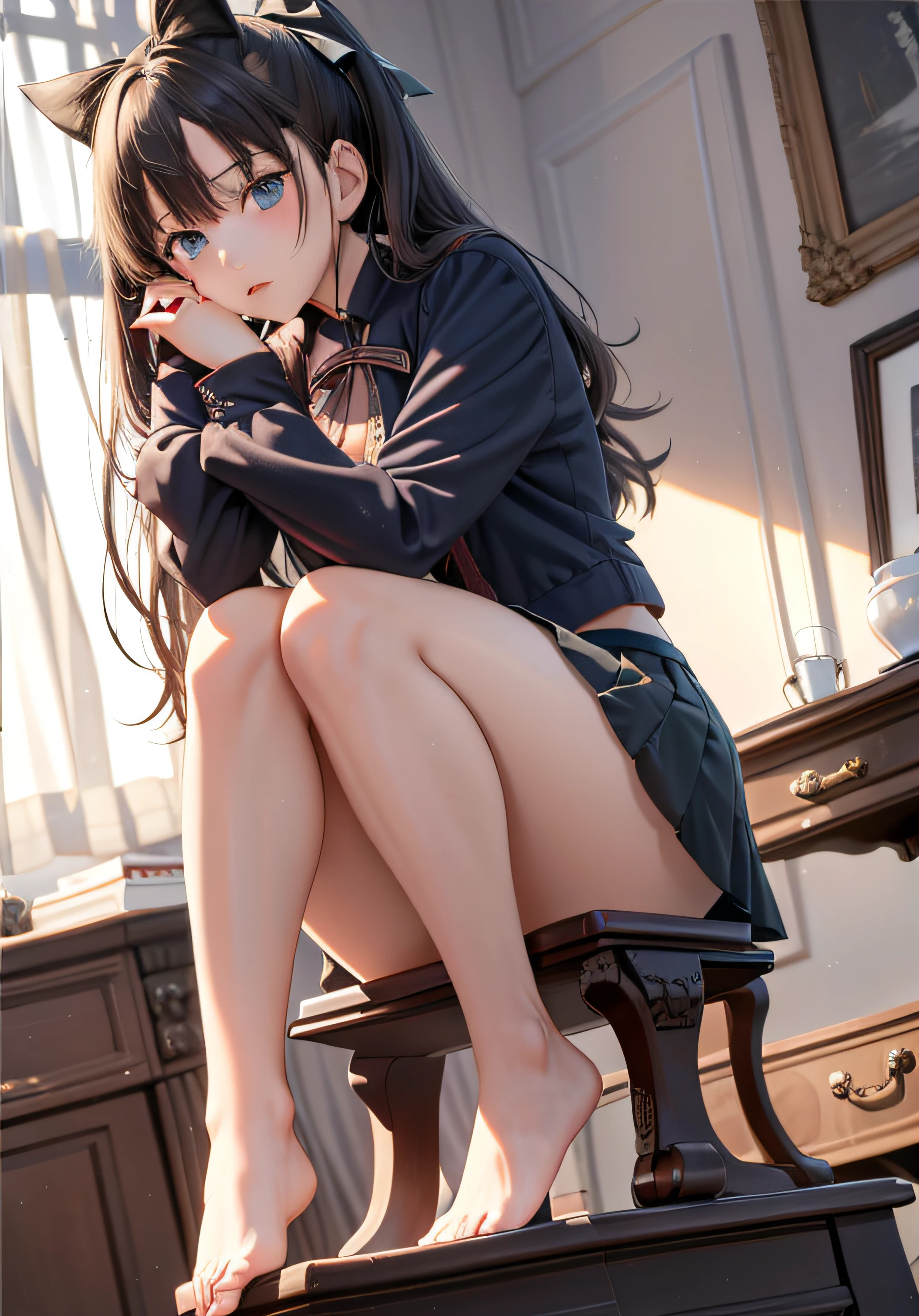 Masterpiece, Best quality,1 girl, Rin Tosaka, Solo, Long hair, Thighs, Mini skirt, Blue eyes, Thighs, Black hair, crouched, Flip up the skirt with both hands, White ribbon panties visible, (Sit with legs with bent knees)), crouched, Open legs, (skirt up:1.2), NSFW, Shy, Show off, cleavage, Panties