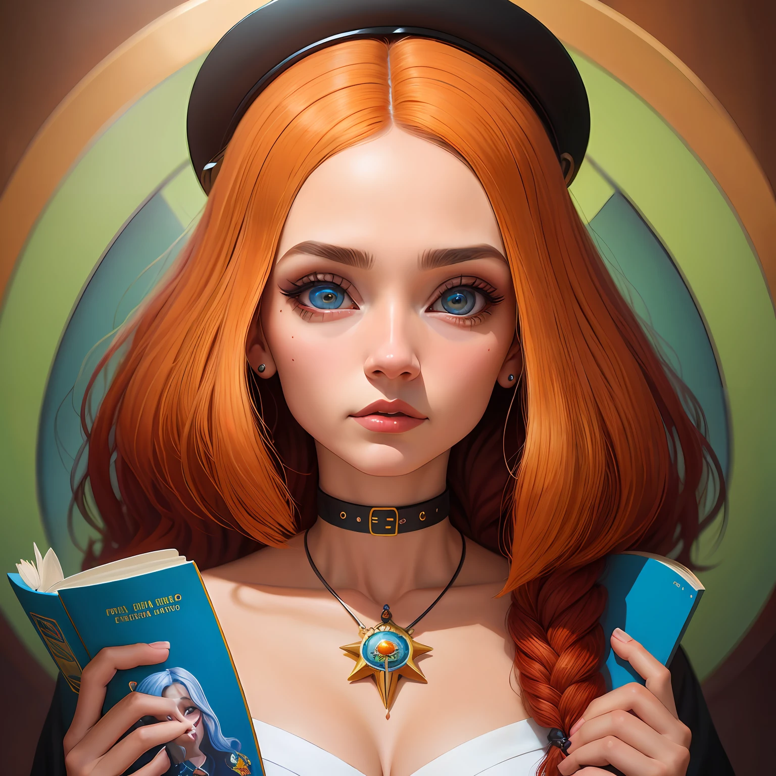 (pintura digital), (melhor qualidade),uma pintura de uma mulher loira muito atraente com um livro e um cachorro, altamente detalhada ,peitos grandes e sexy com decote , scifi religioso, magic realism , Surrealismo pop estilo de arte lowbrow, arte lowbrow, rob mcnaughton, Directed by: Dave Arredondo, Directed by: Aaron Jasinski, Surrealismo lowbrow, Benjamim Lacombe, gnosticismo, alta qualidade ,olhos azuis , Mulher perfeita