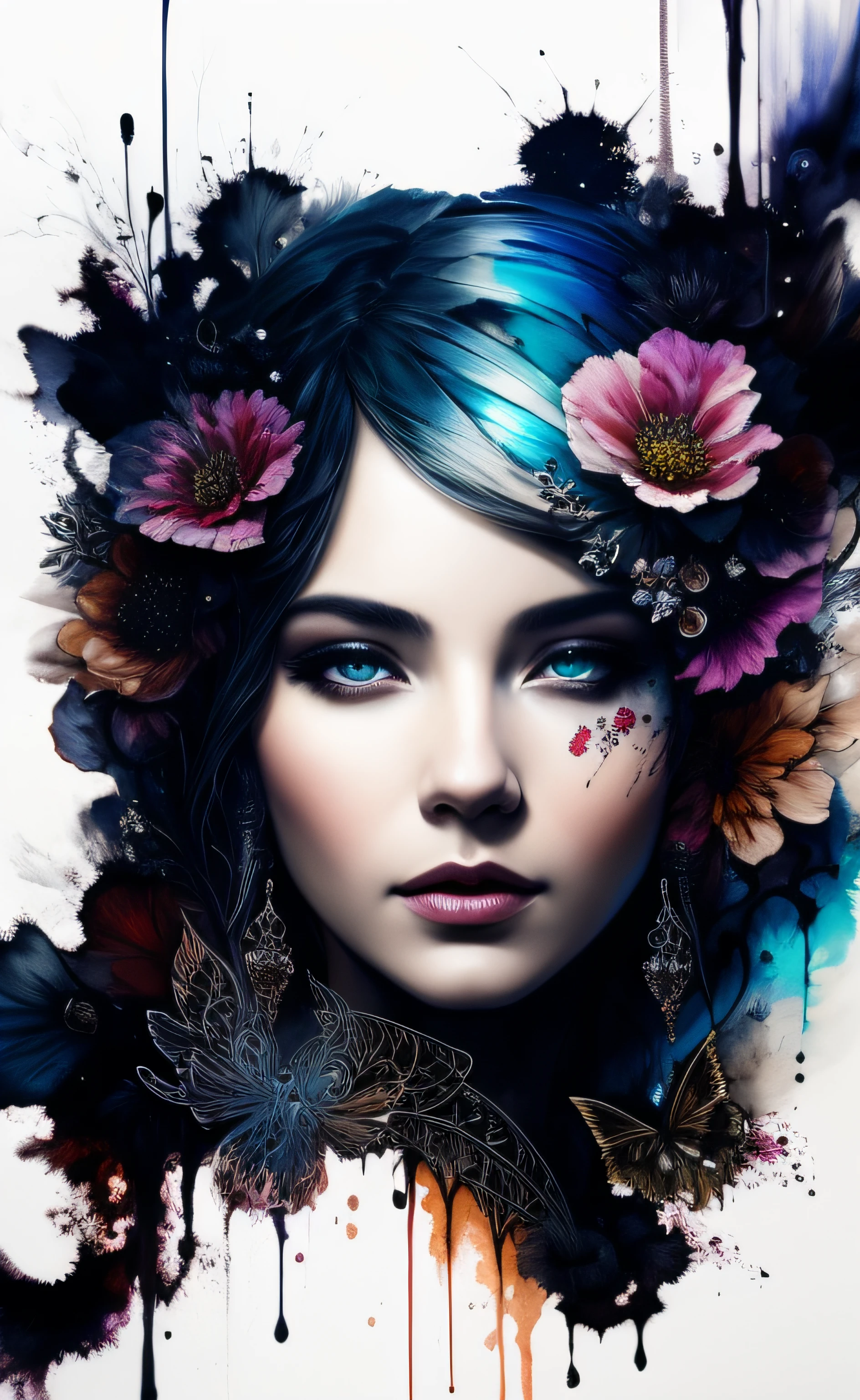 Colorful beautiful woman: Black ink flow: 8k resolution photorealistic masterpiece: by Aaron Horkey and Jeremy Mann: intricately detailed fluid gouache painting: by Jean Baptiste Mongue: calligraphy: acrylic: watercolor art, professional photography, natural lighting, volumetric lighting maximalist photoillustration: by marton bobzert: 8k resolution concept art intricately detailed, complex, elegant, expansive, fantastical