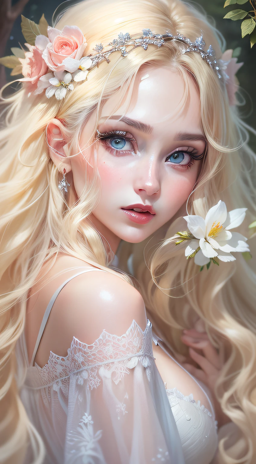 masterpiece, best quality, ultra details, a stunning lady, blonde hair, beautiful and perfect eyes with double eyelids, wearing fairy tale jaw dropping white dress, 8k, full HD, magical and enchanted forest setting,