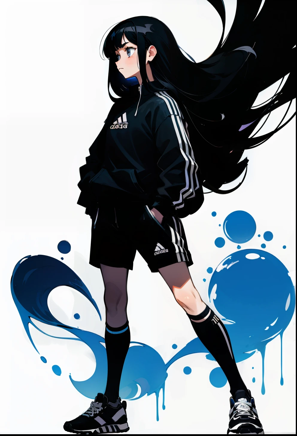 Black hair, 1Girl, Adidas Clothing, stand up, Straight hair