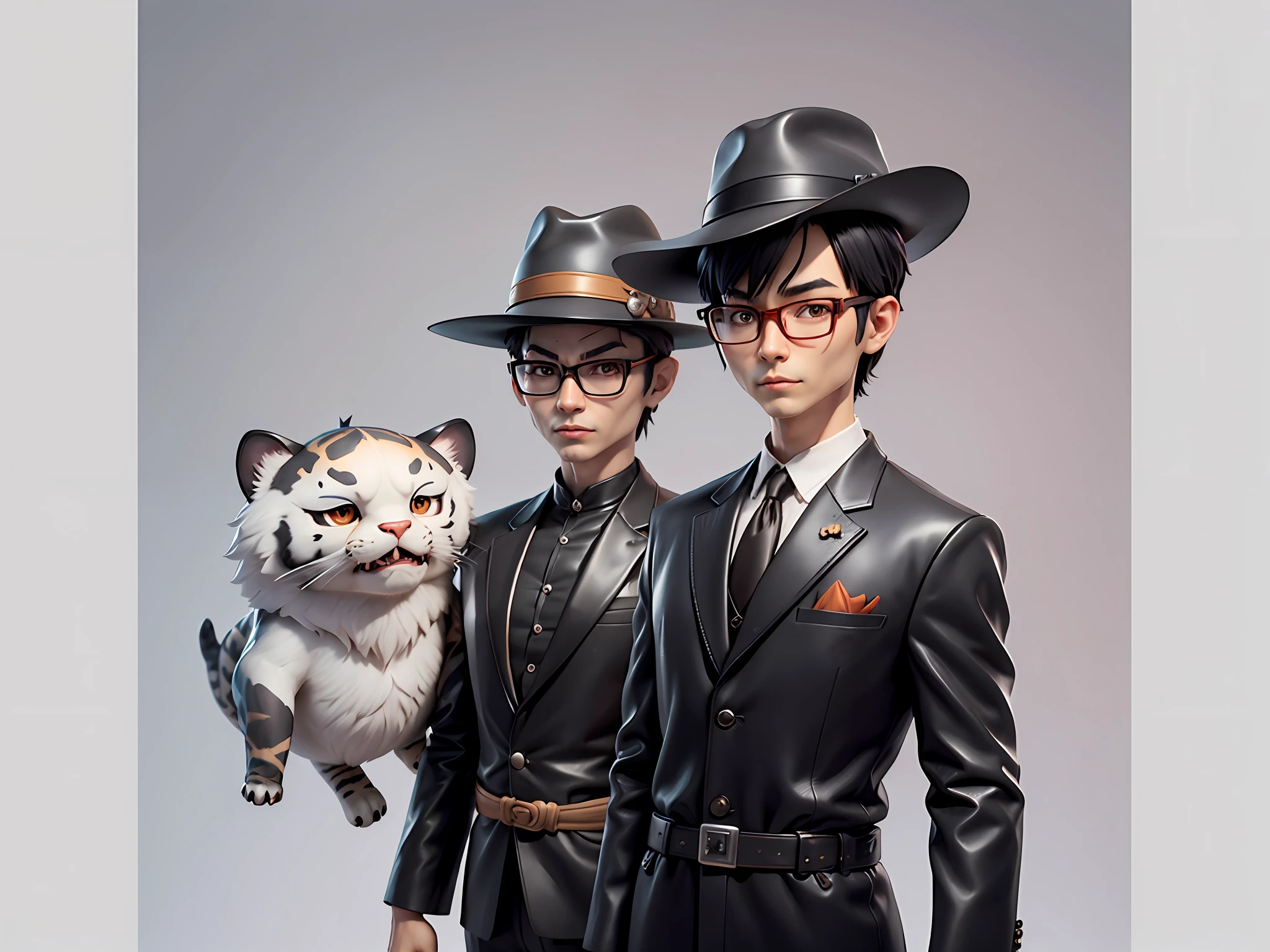 Young man with oriental face in leather hat, tiger, oriental face in formal suit, short black hair, silver glasses, digital painting, 3D character design by Mark Clairedon and Pixar and Hayao Miyazaki and Akira Toriyama, the illustration is a high-definition illustration in 4K resolution with very detailed facial features and cartoon-style visuals.