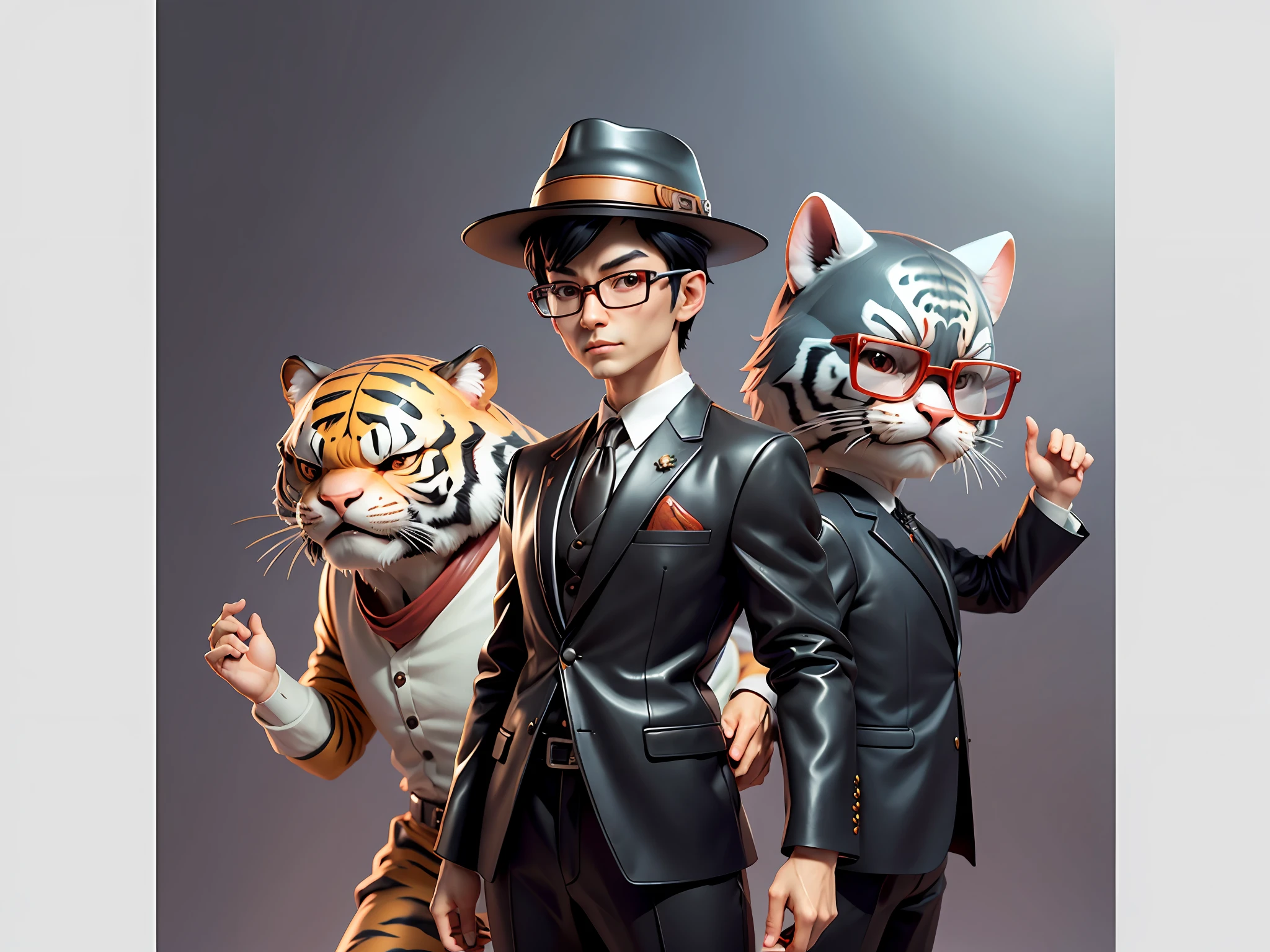 Young man with oriental face in leather hat, tiger, oriental face in formal suit, short black hair, silver glasses, digital painting, 3D character design by Mark Clairedon and Pixar and Hayao Miyazaki and Akira Toriyama, the illustration is a high-definition illustration in 4K resolution with very detailed facial features and cartoon-style visuals.
