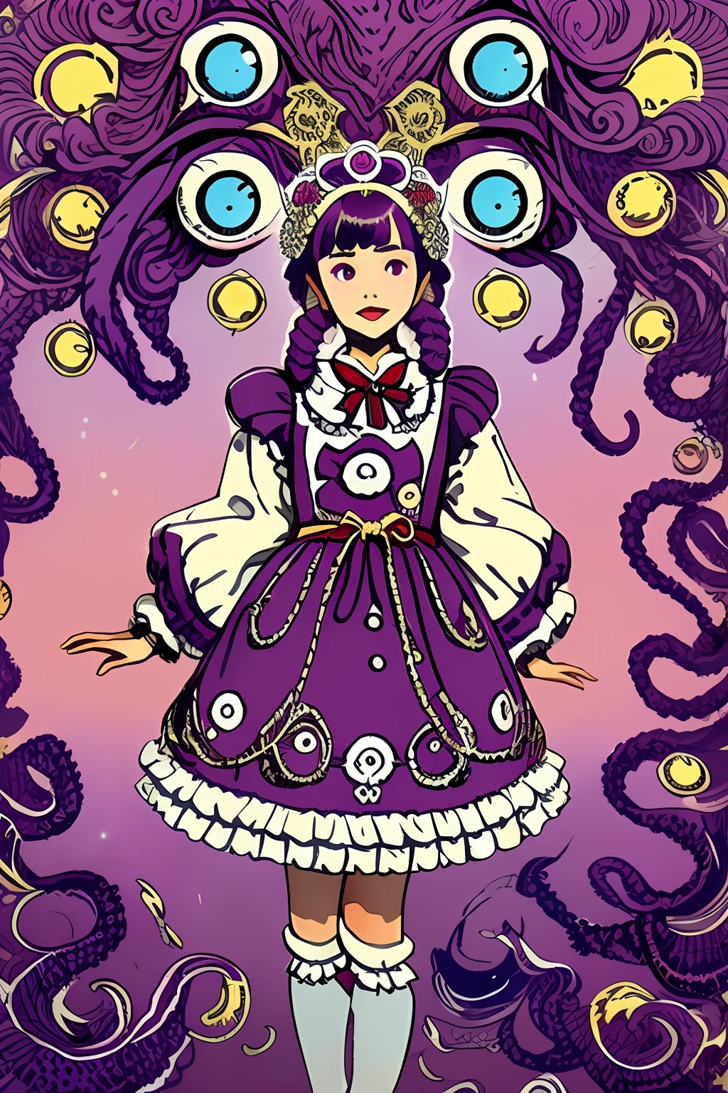 The purple ta costume has octopus tentacles and eyeballs, and the pattern is intricate and gorgeous