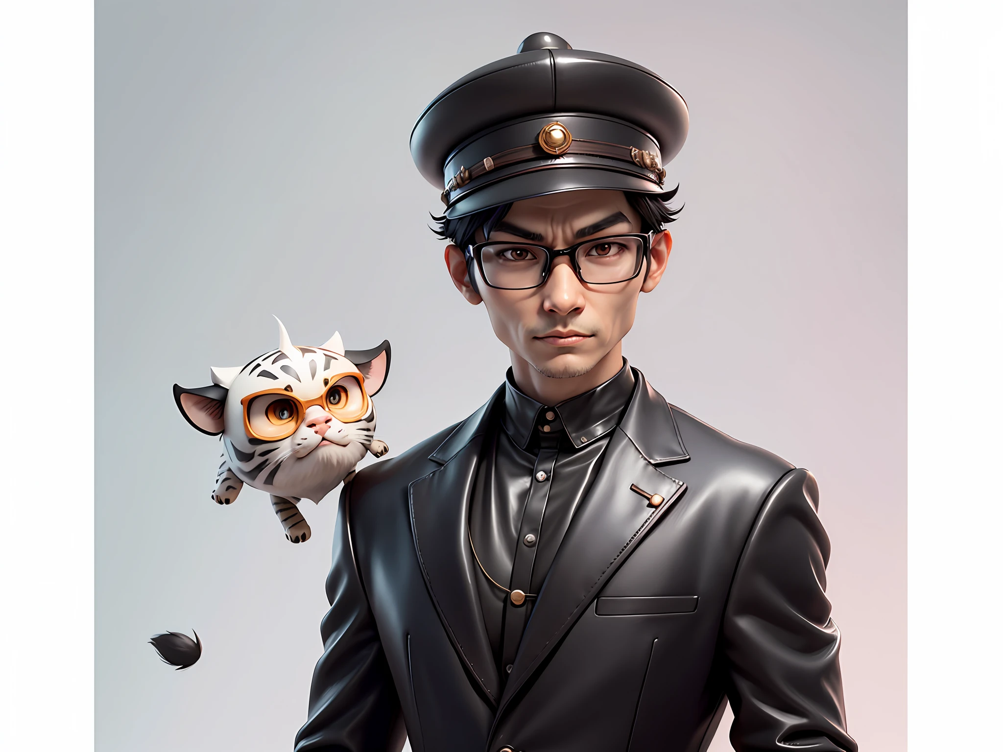 Young man with oriental face in leather hat, tiger, oriental face in formal suit, short black hair, silver glasses, digital painting, 3D character design by Mark Clairedon and Pixar and Hayao Miyazaki and Akira Toriyama, the illustration is a high-definition illustration in 4K resolution with very detailed facial features and cartoon-style visuals.