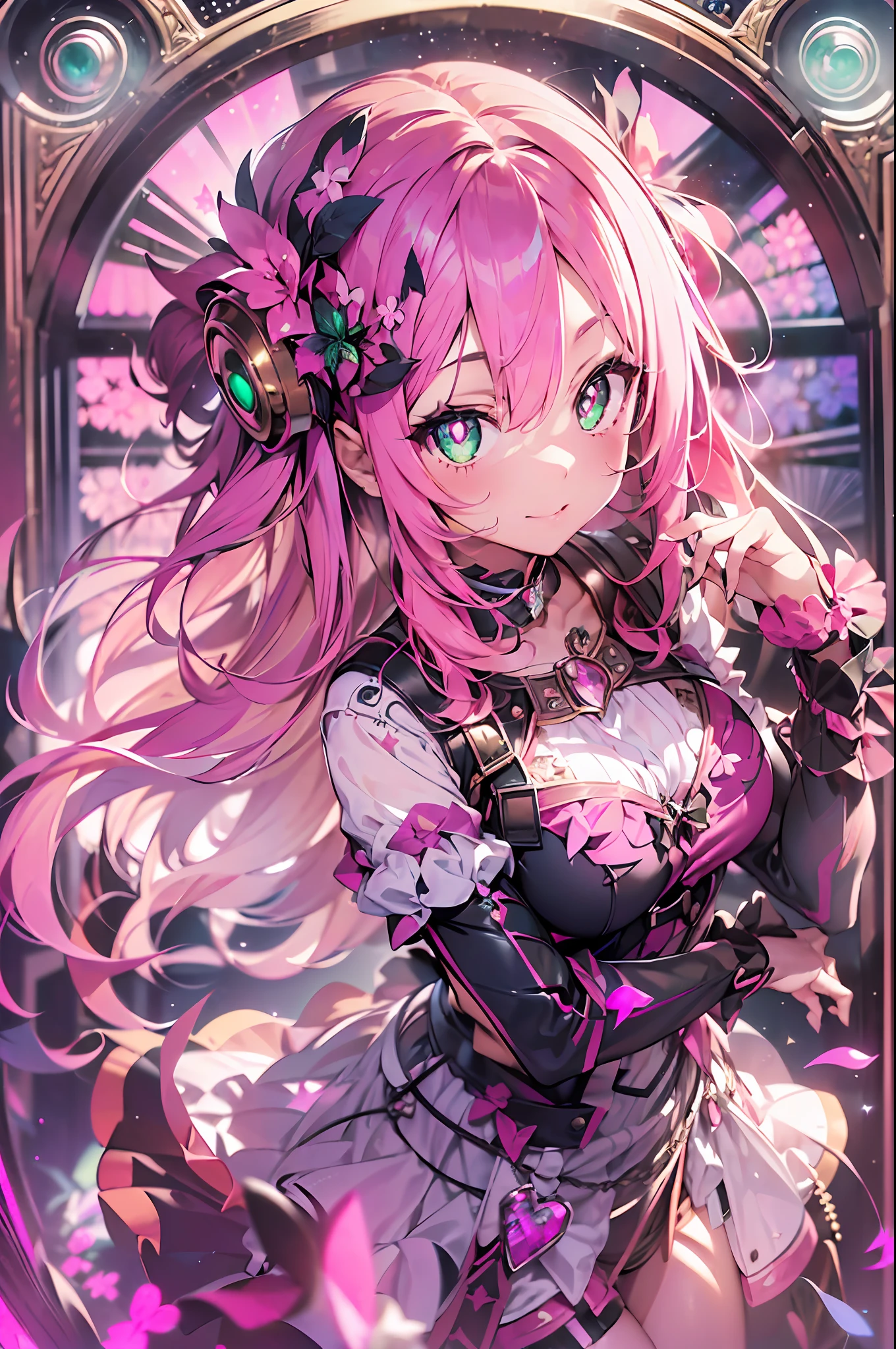 Steampunk style:2.((masutepiece))),((ultra-detailliert,Best Quality, hight resolution, Beautiful clothes,)),fullllbody,Fulll body Shot (1 girl)((Pink hair, Long hair,Straight hair,two side up)) (Green eyes),eyeshadows, eye line,gloweyes, ultradetailed eyes, intricate eyes, Beautiful eyes, ((Glowing pink pupils))18-year-old girl、frilld.Smile .Hourglass background、Big hourglass.((High contrast RGB effect, LED effect, Kaleidoscope effect, Shining Effect, Ripple Effect, Glitter RGB effect)) (Black background: 1.5)gear wheel