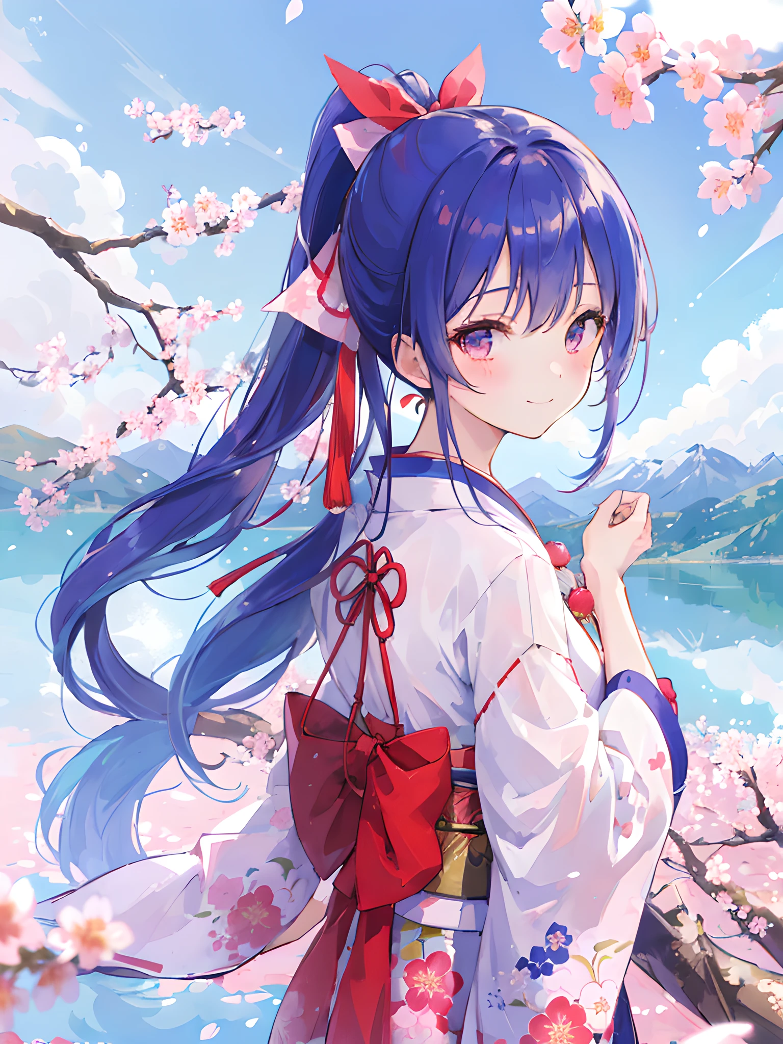 ((masterpiece,best quality)),1girl, cherry blossoms, flower, high ponytail, hair ribbon, lake, blue sky, japanese clothes, long hair, looking at viewer, looking back, smile, sunshine, mountain, hoshimachi suisei